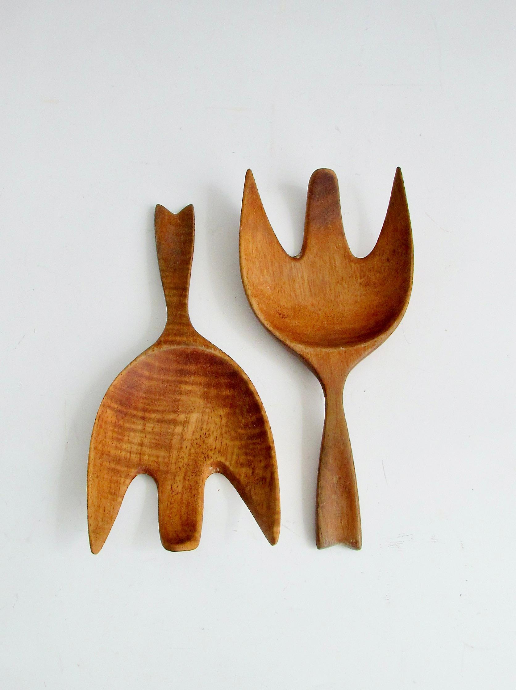 Hand-Crafted Pair of modernist wood salad servers For Sale