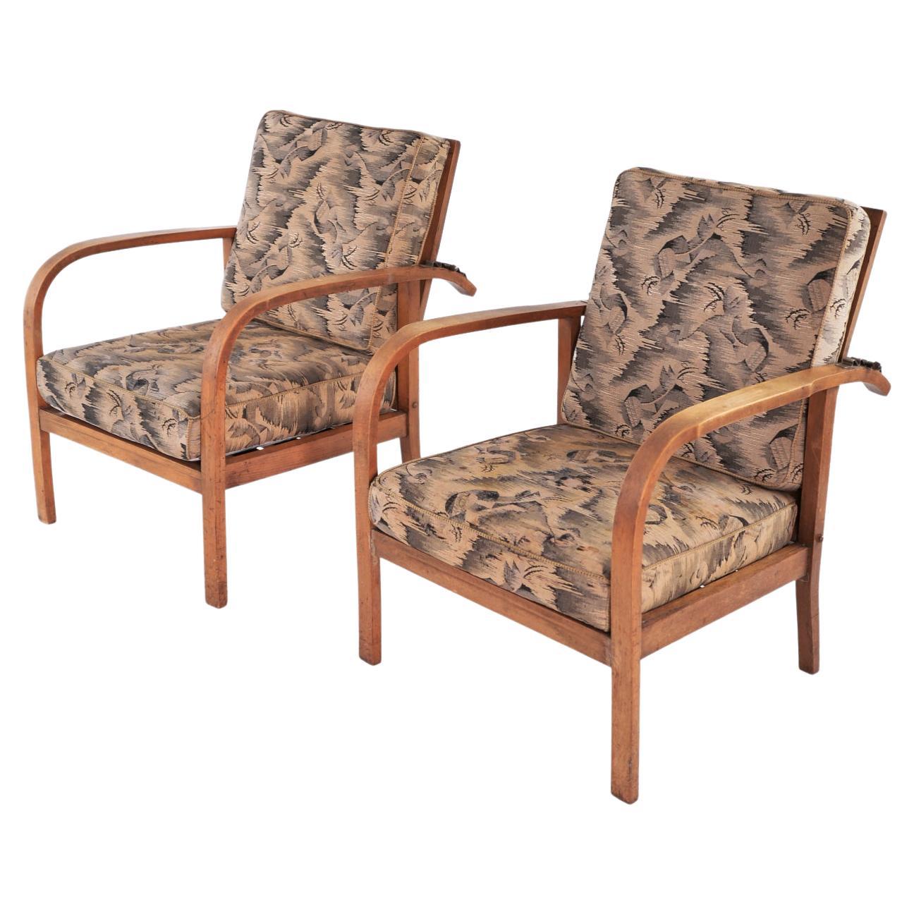Pair of Modernist Wooden Armchairs by Jan Vaněk, Original Upholstery, circa 1935 For Sale
