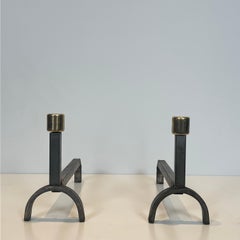 Pair of Modernist Wrought Iron and Brass Andirons