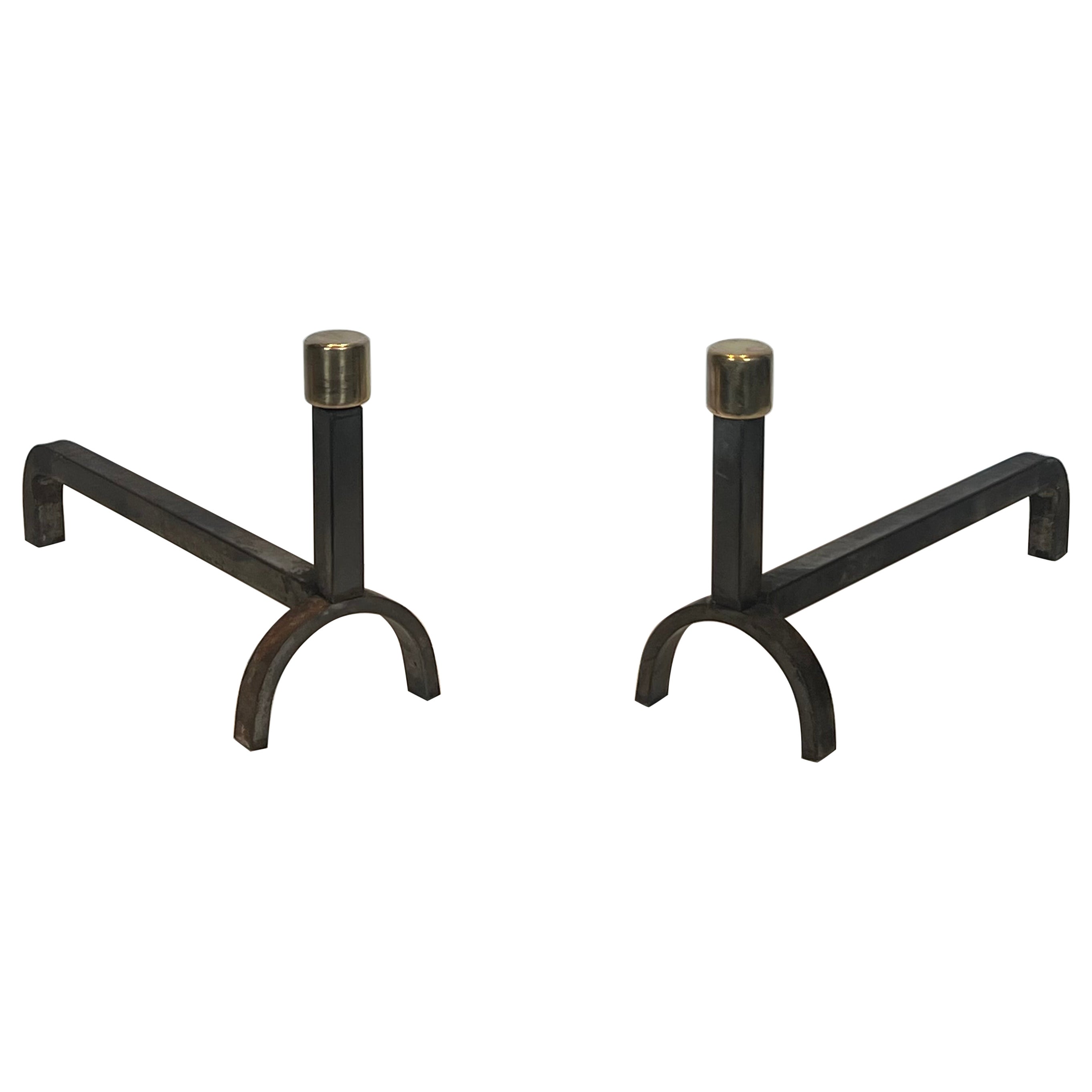 Pair of Modernist Wrought Iron and Brass Andirons