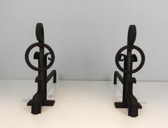 Pair of Modernist Wrought Iron and Brass Andirons, French, circa 1900