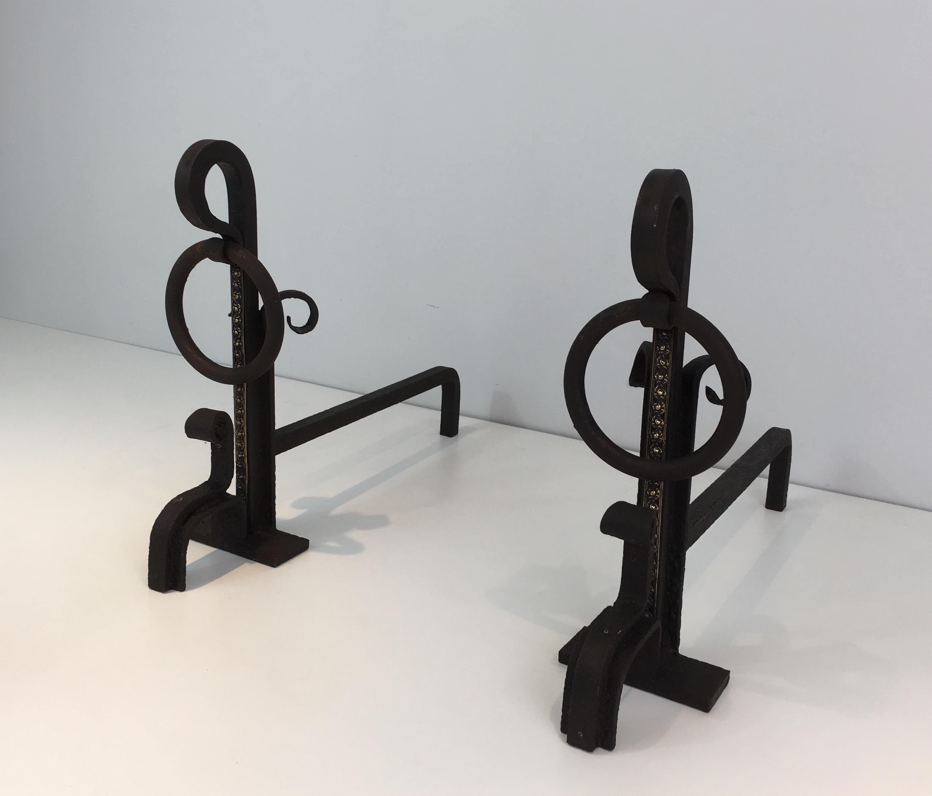 Pair of Modernist Wrought Iron and Brass Andirons, French, circa 1900 For Sale 15