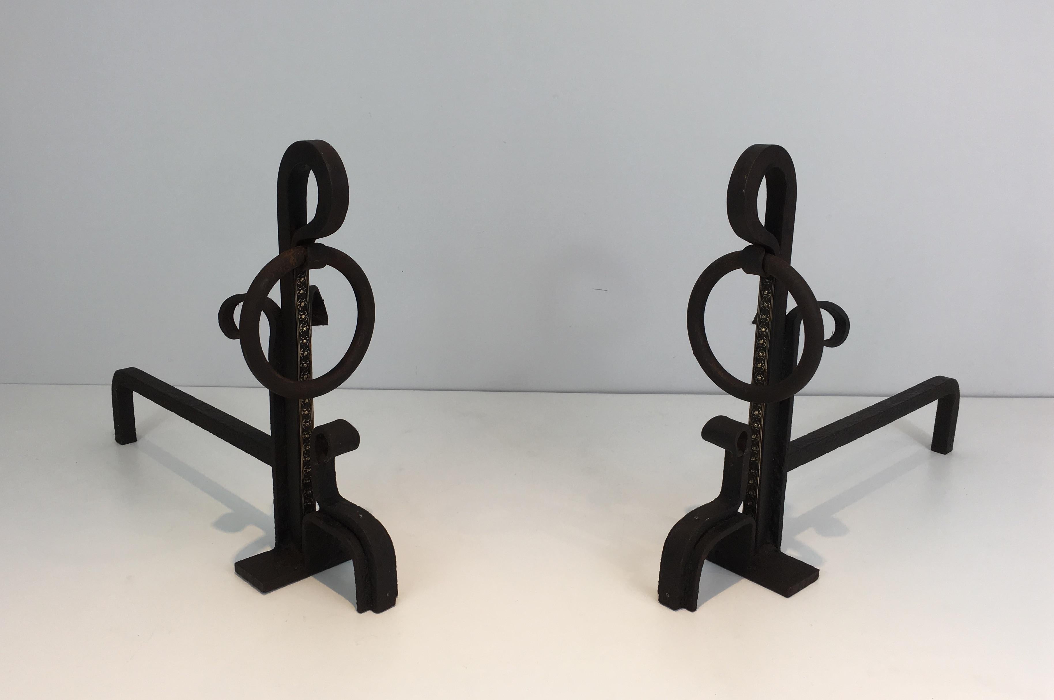 Arts and Crafts Pair of Modernist Wrought Iron and Brass Andirons, French, circa 1900 For Sale