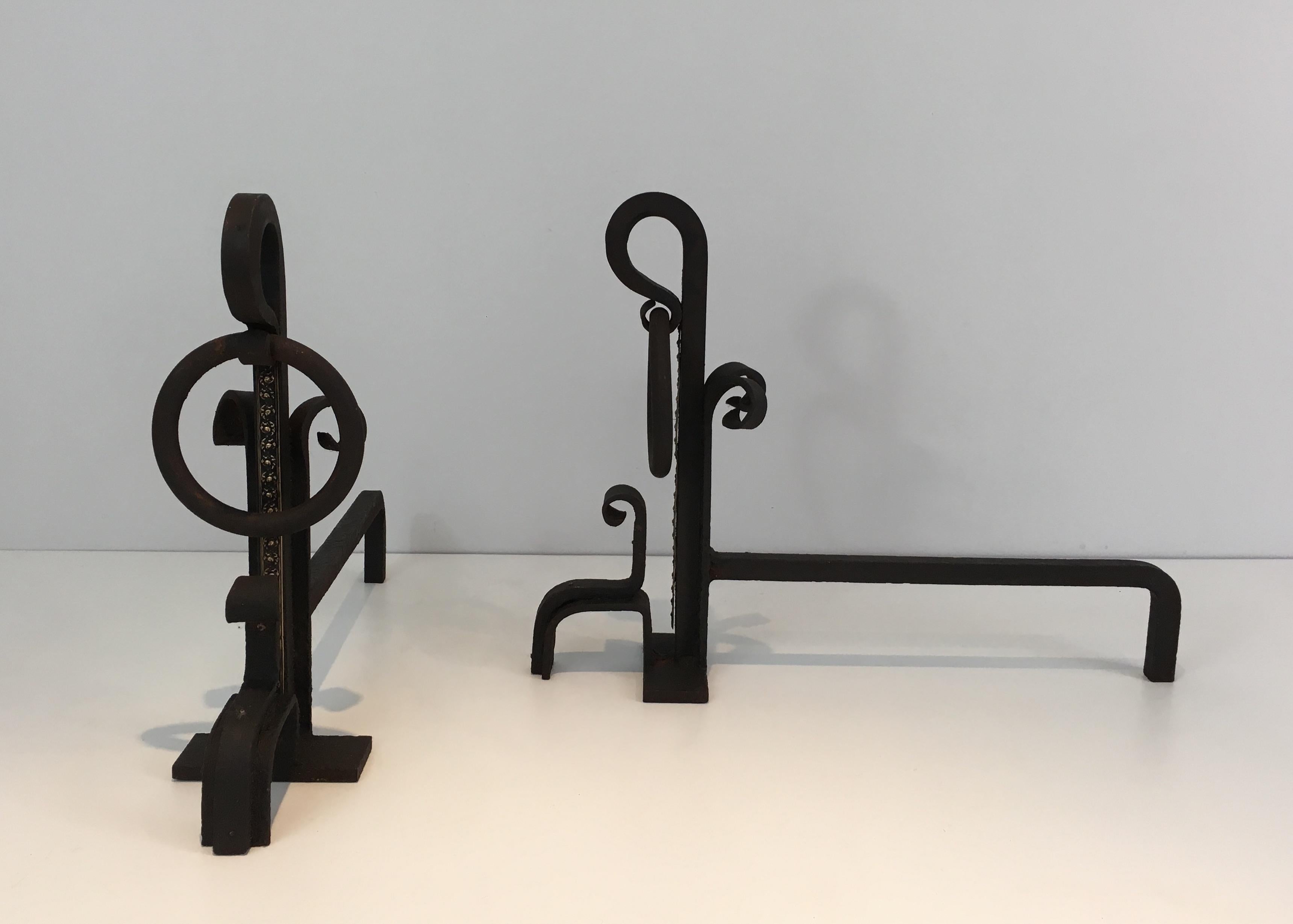 Early 20th Century Pair of Modernist Wrought Iron and Brass Andirons, French, circa 1900 For Sale