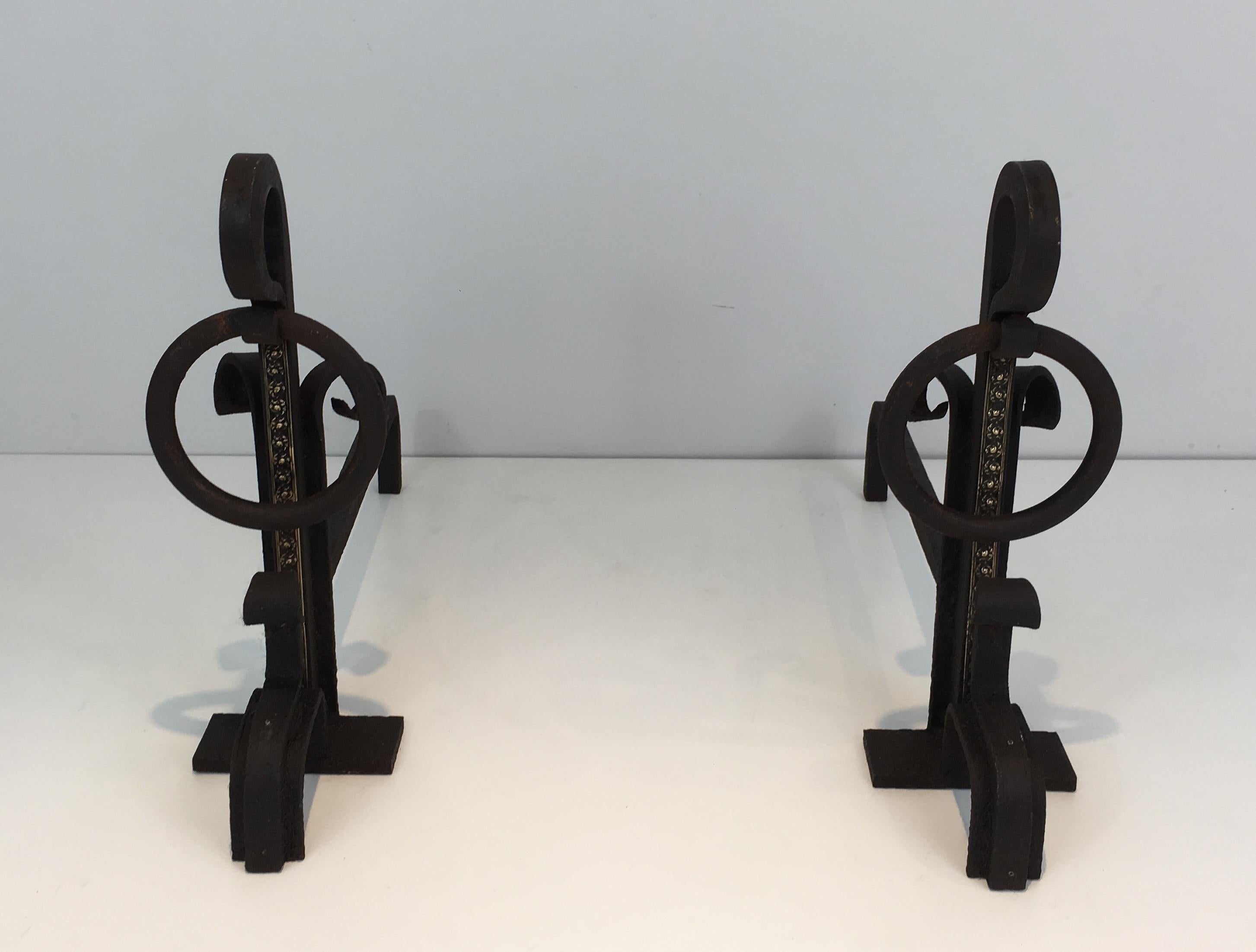 Pair of Modernist Wrought Iron and Brass Andirons, French, circa 1900 For Sale 1