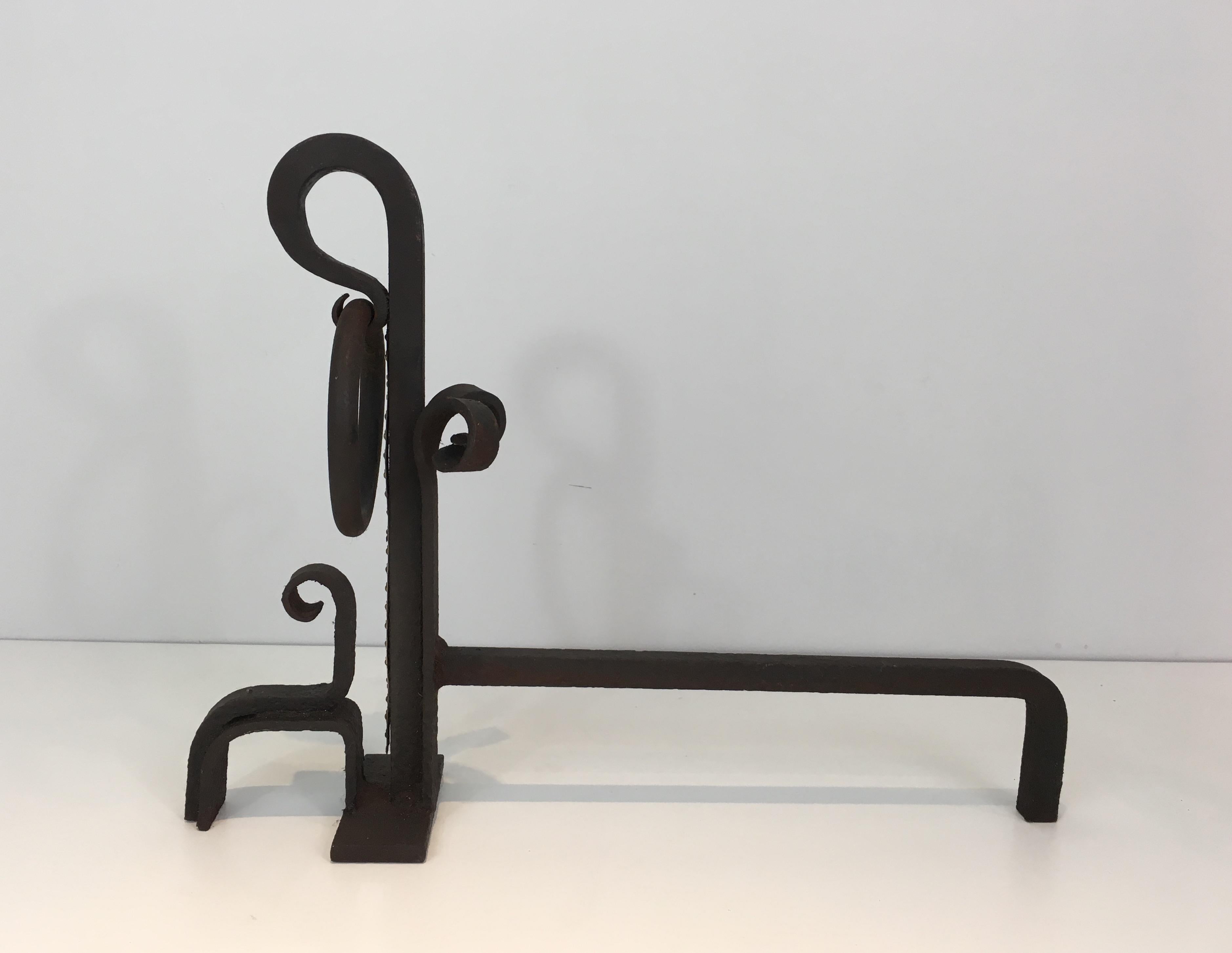Pair of Modernist Wrought Iron and Brass Andirons, French, circa 1900 For Sale 3