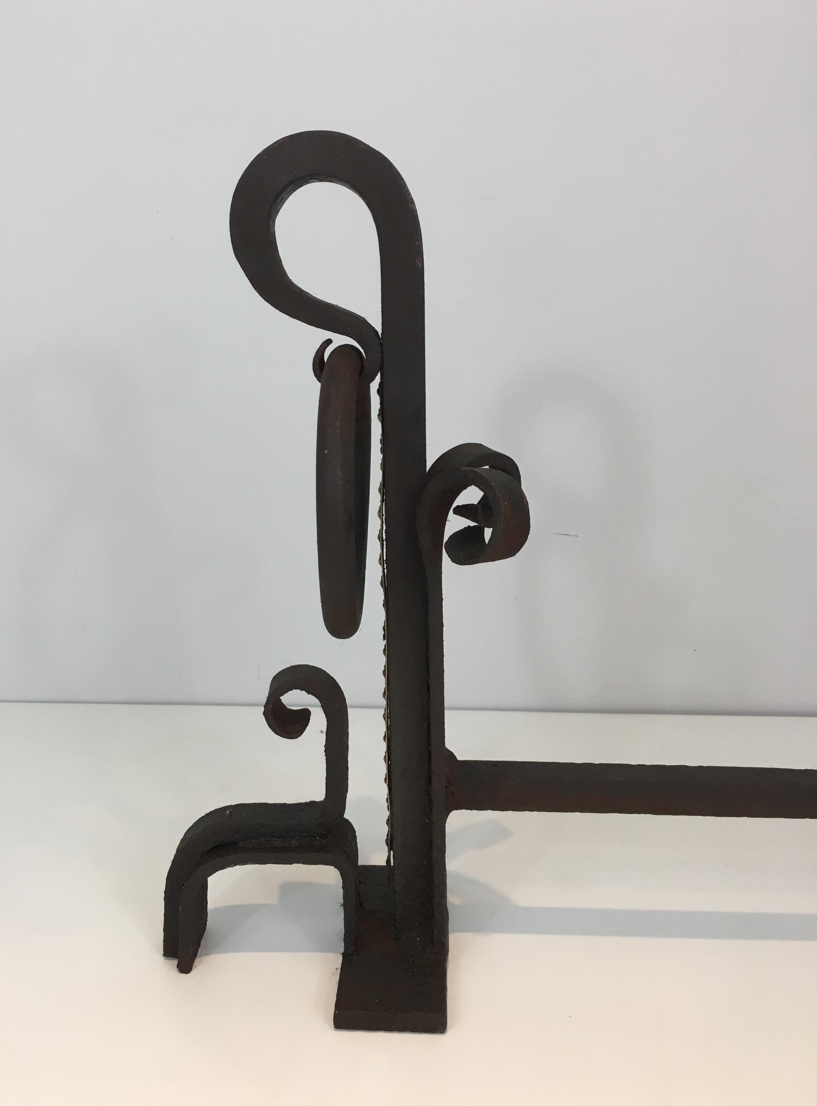 Pair of Modernist Wrought Iron and Brass Andirons, French, circa 1900 For Sale 4