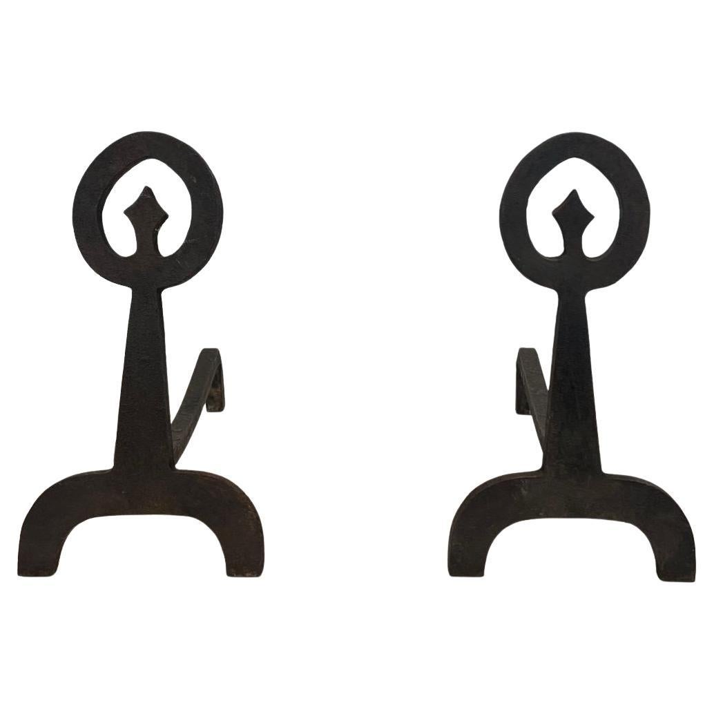 Pair of Modernist Wrought Iron Andirons, circa 1970