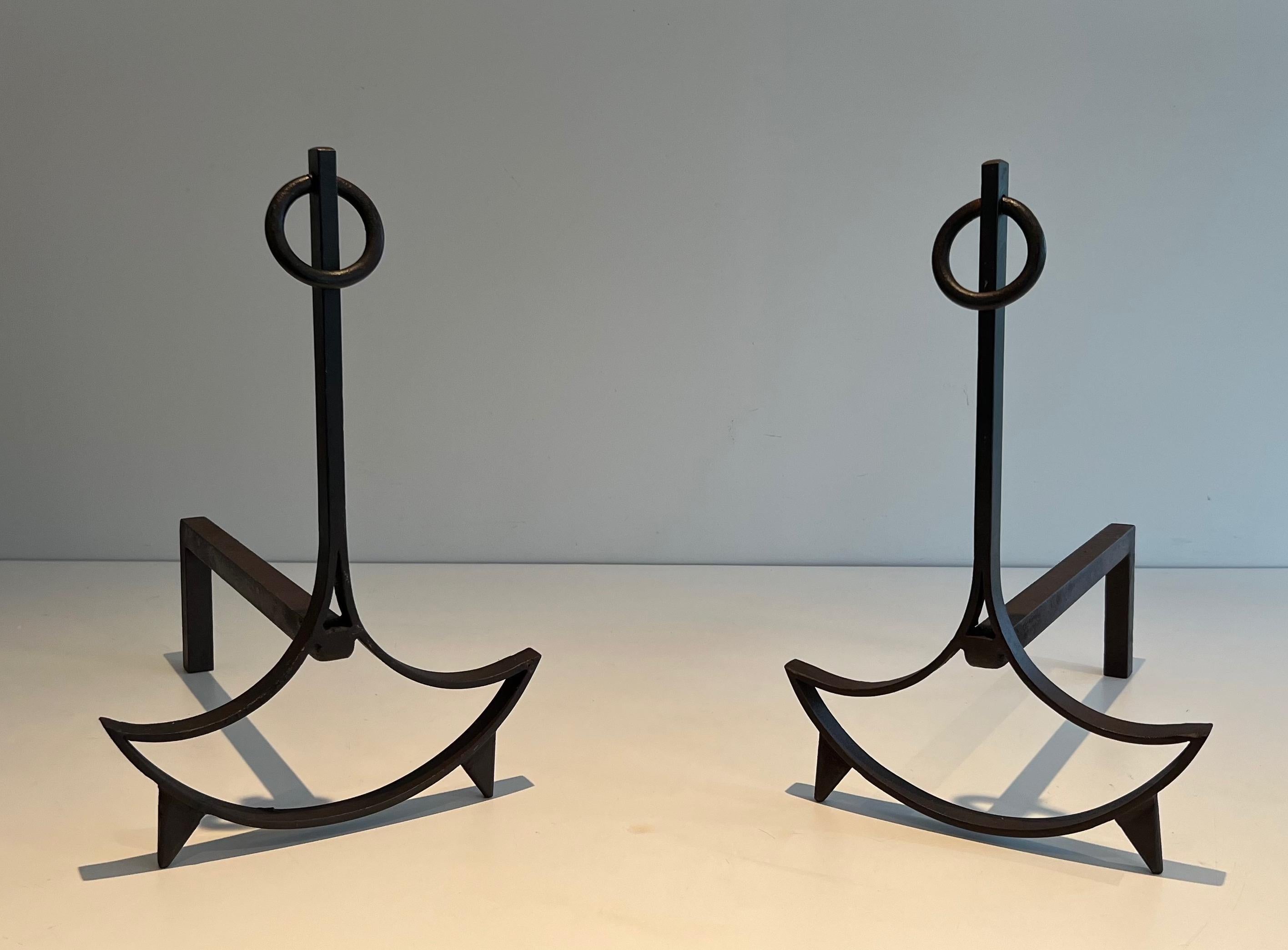 Pair of Modernist Wrought Iron Andirons For Sale 4