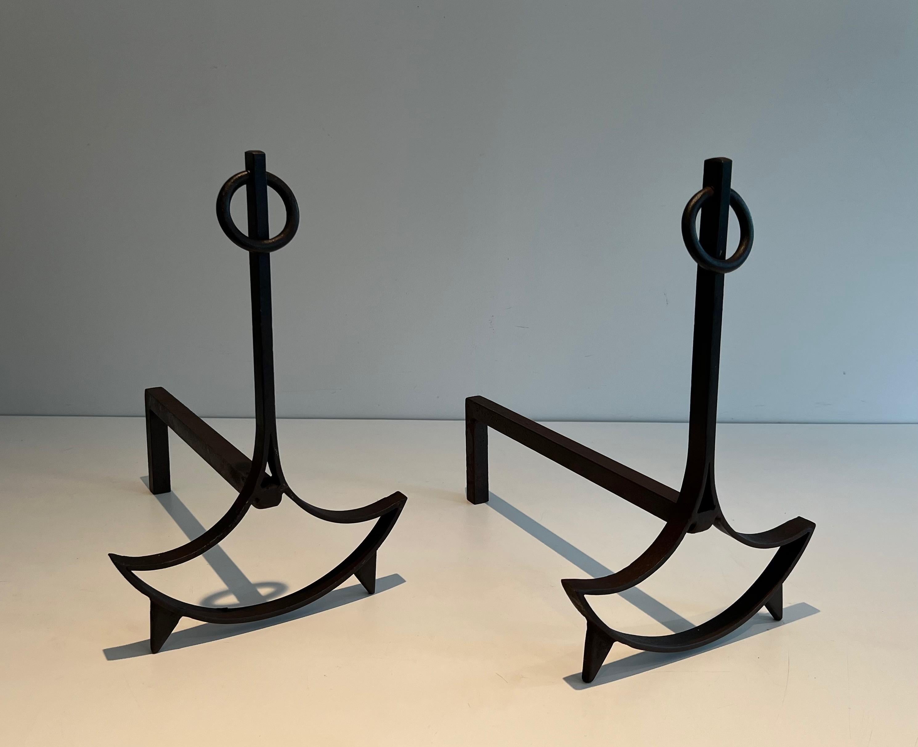 Pair of Modernist Wrought Iron Andirons For Sale 5