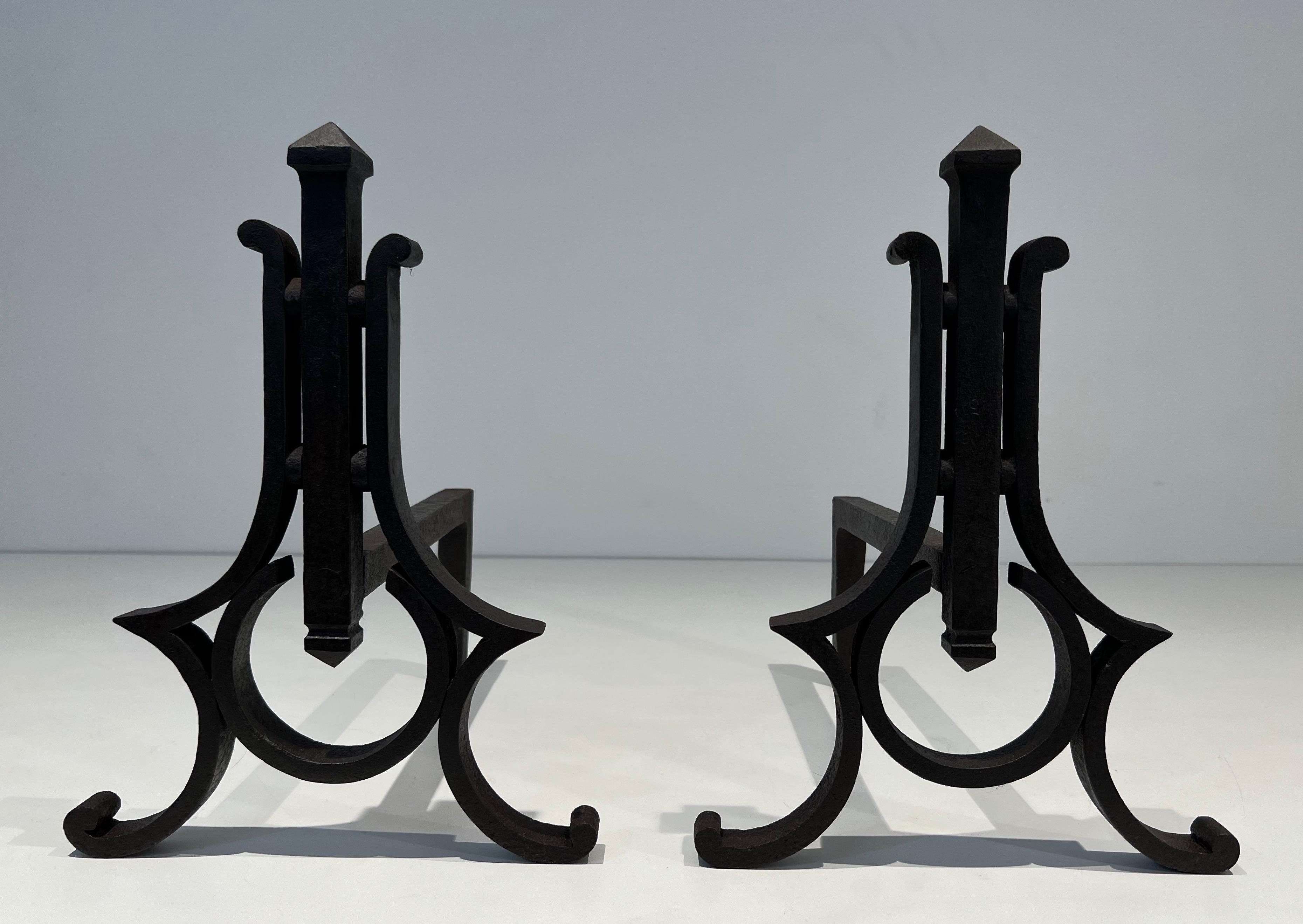 Pair of Modernist Wrought Iron Andirons For Sale 6