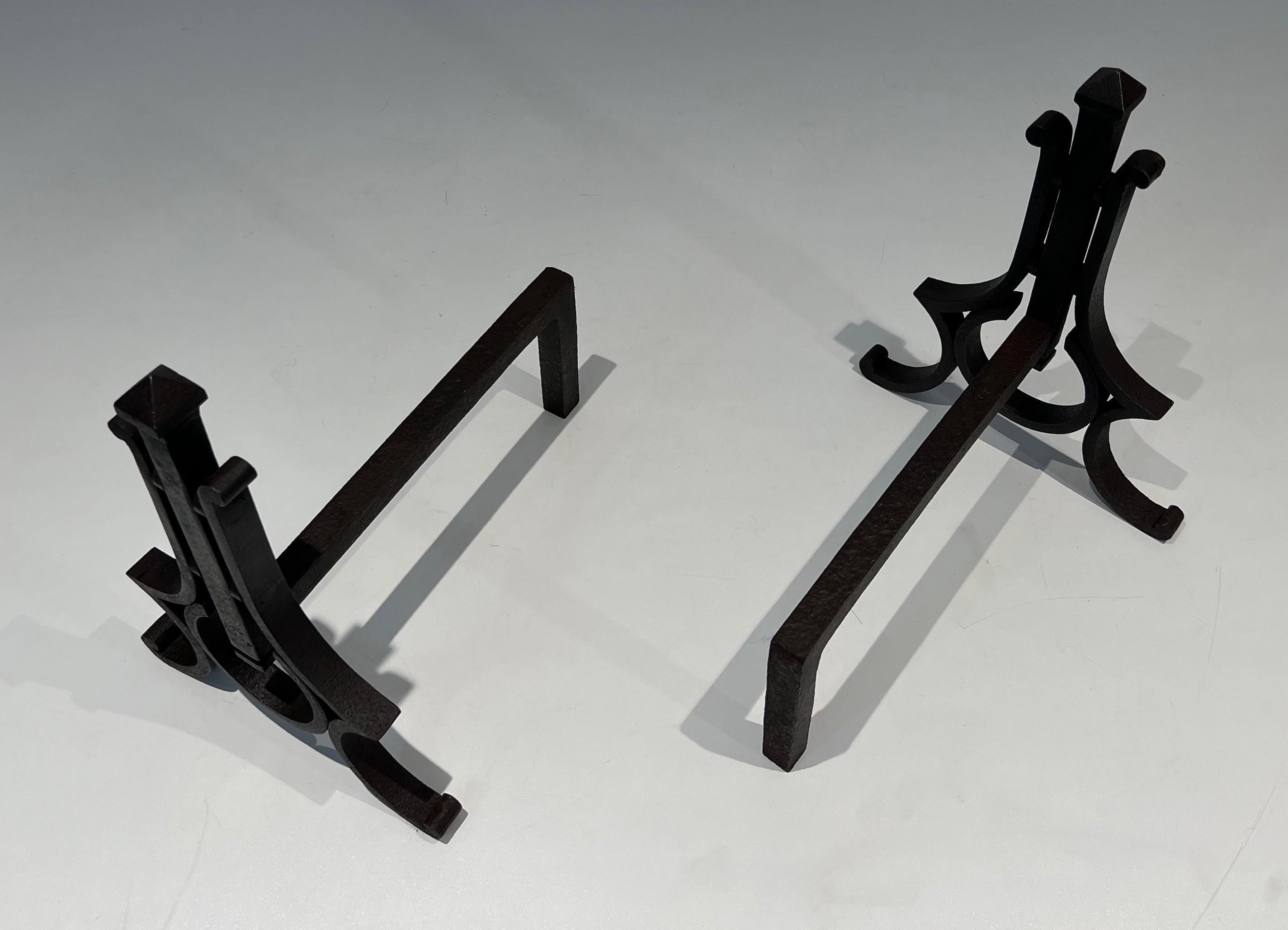 Pair of Modernist Wrought Iron Andirons For Sale 7