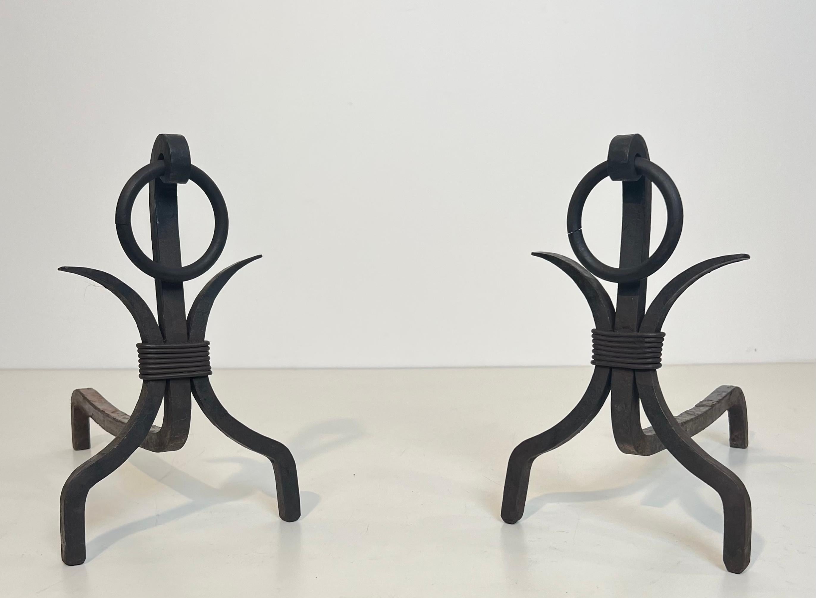 Pair of Modernist Wrought Iron Andirons For Sale 7