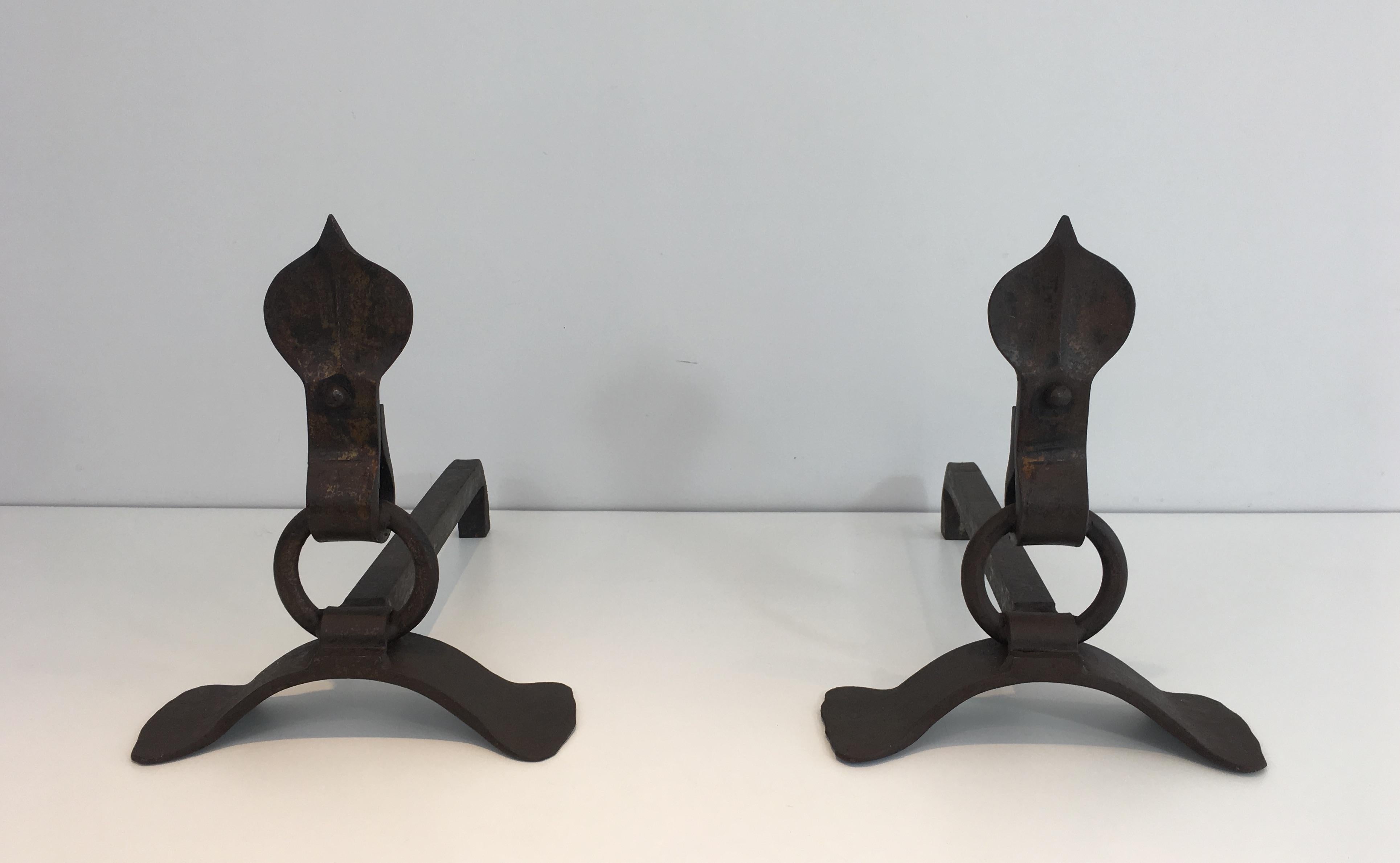 Pair of modernist wrought iron andirons, French, circa 1940.
