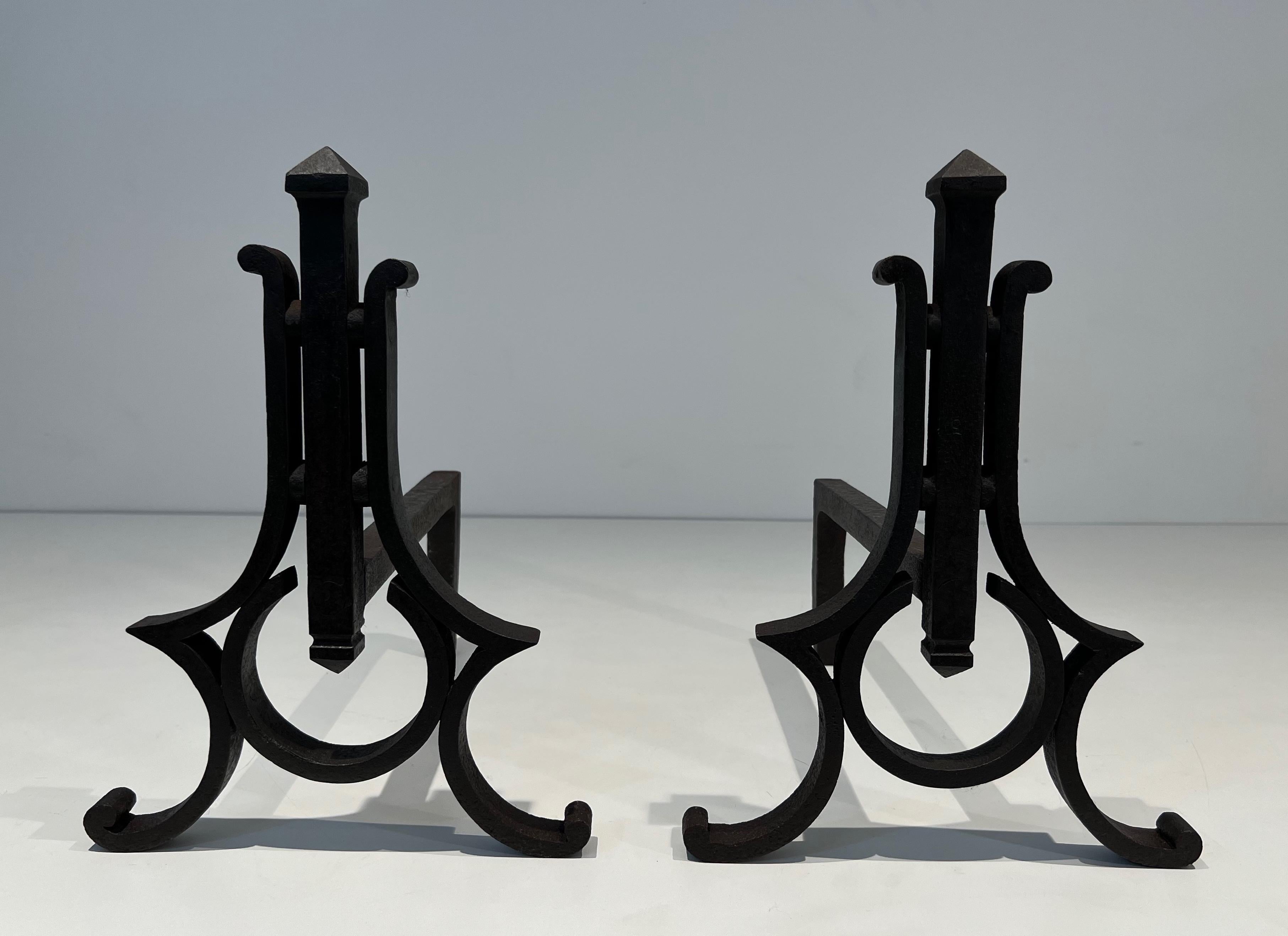 Pair of Modernist Wrought Iron Andirons For Sale 14