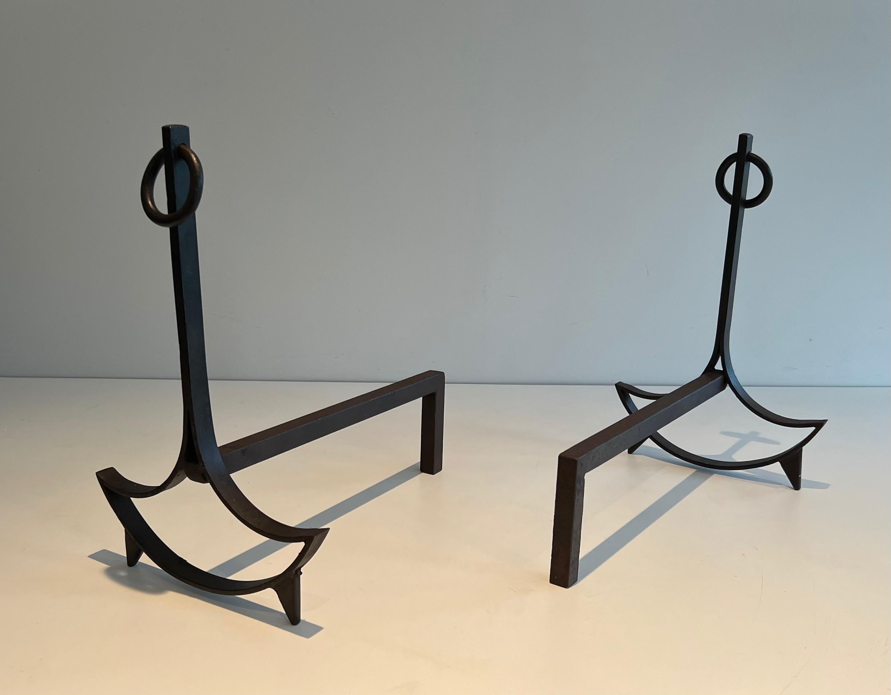 Mid-Century Modern Pair of Modernist Wrought Iron Andirons For Sale