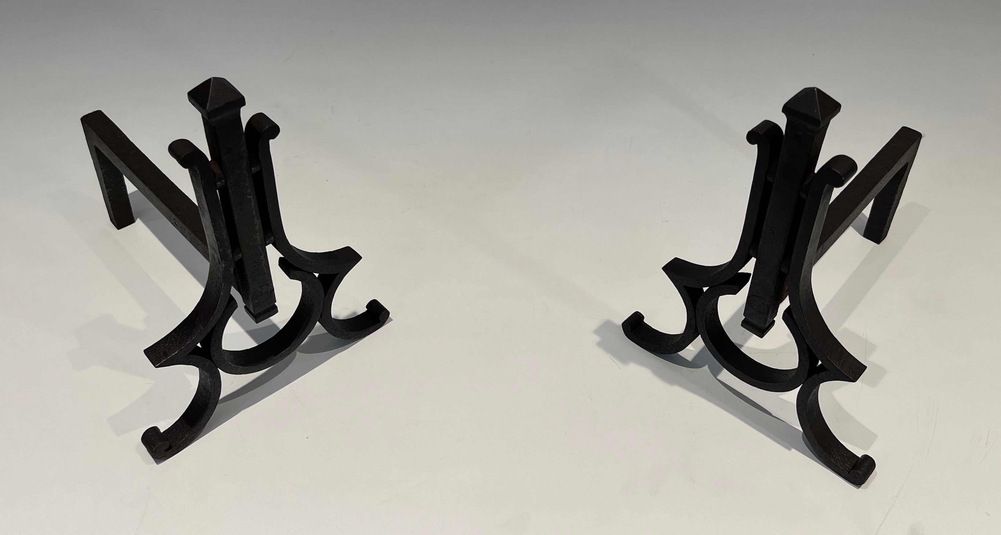 Mid-Century Modern Pair of Modernist Wrought Iron Andirons For Sale