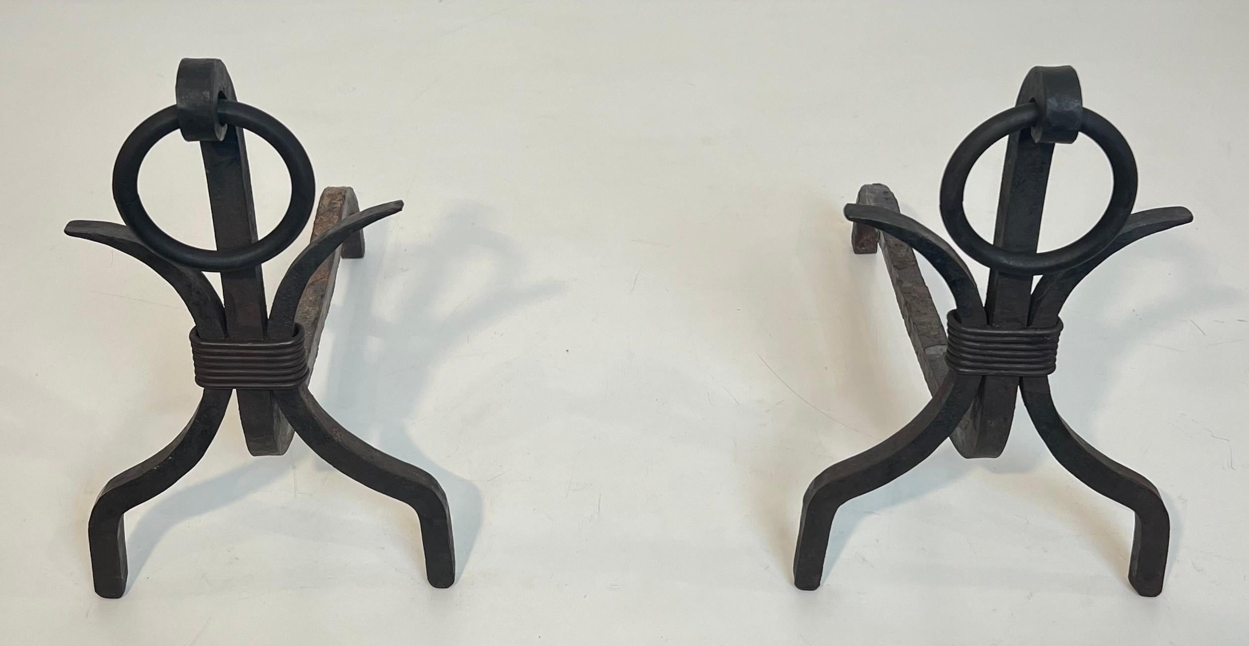 Mid-Century Modern Pair of Modernist Wrought Iron Andirons For Sale