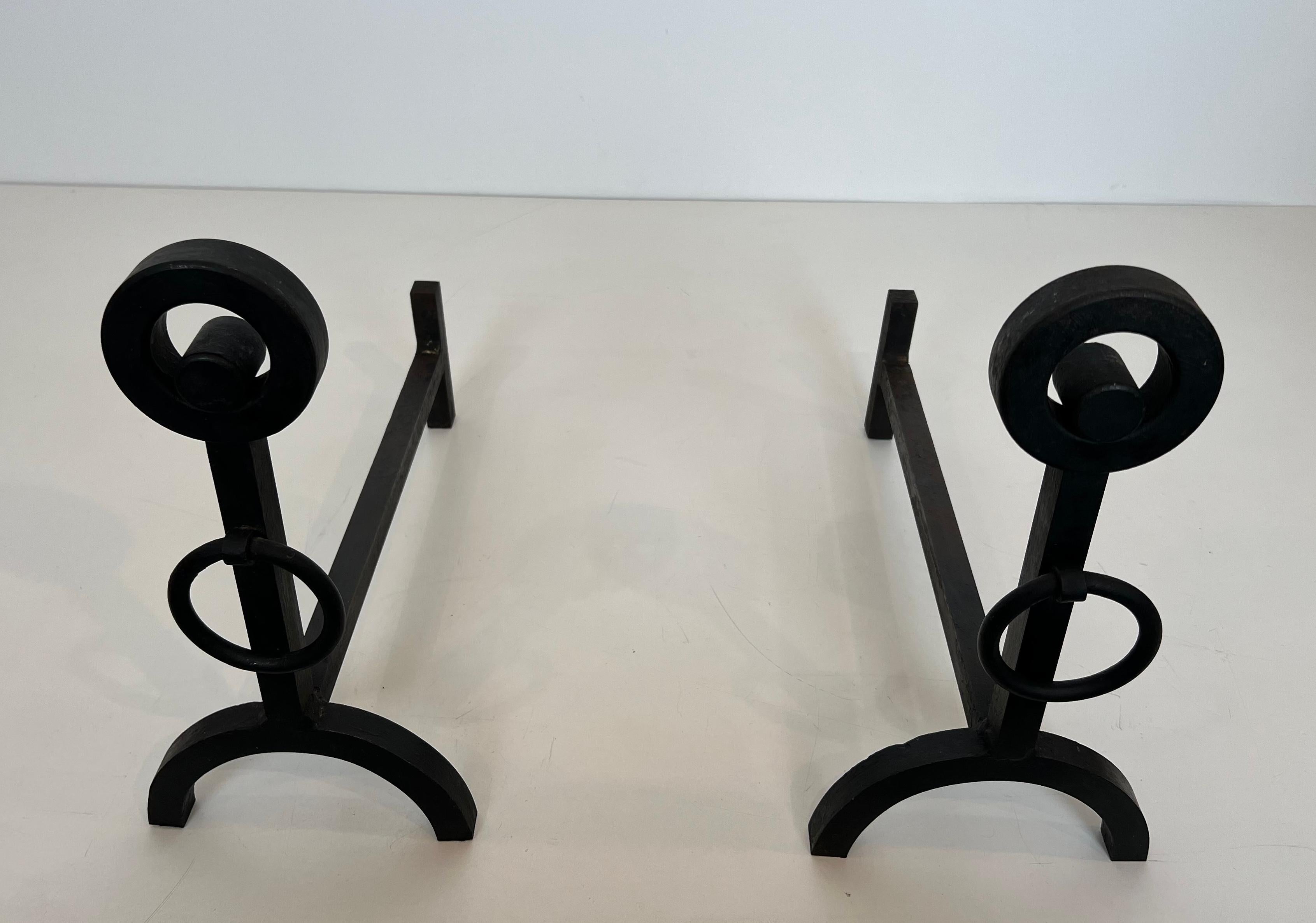 Mid-Century Modern Pair of Modernist Wrought Iron Andirons For Sale