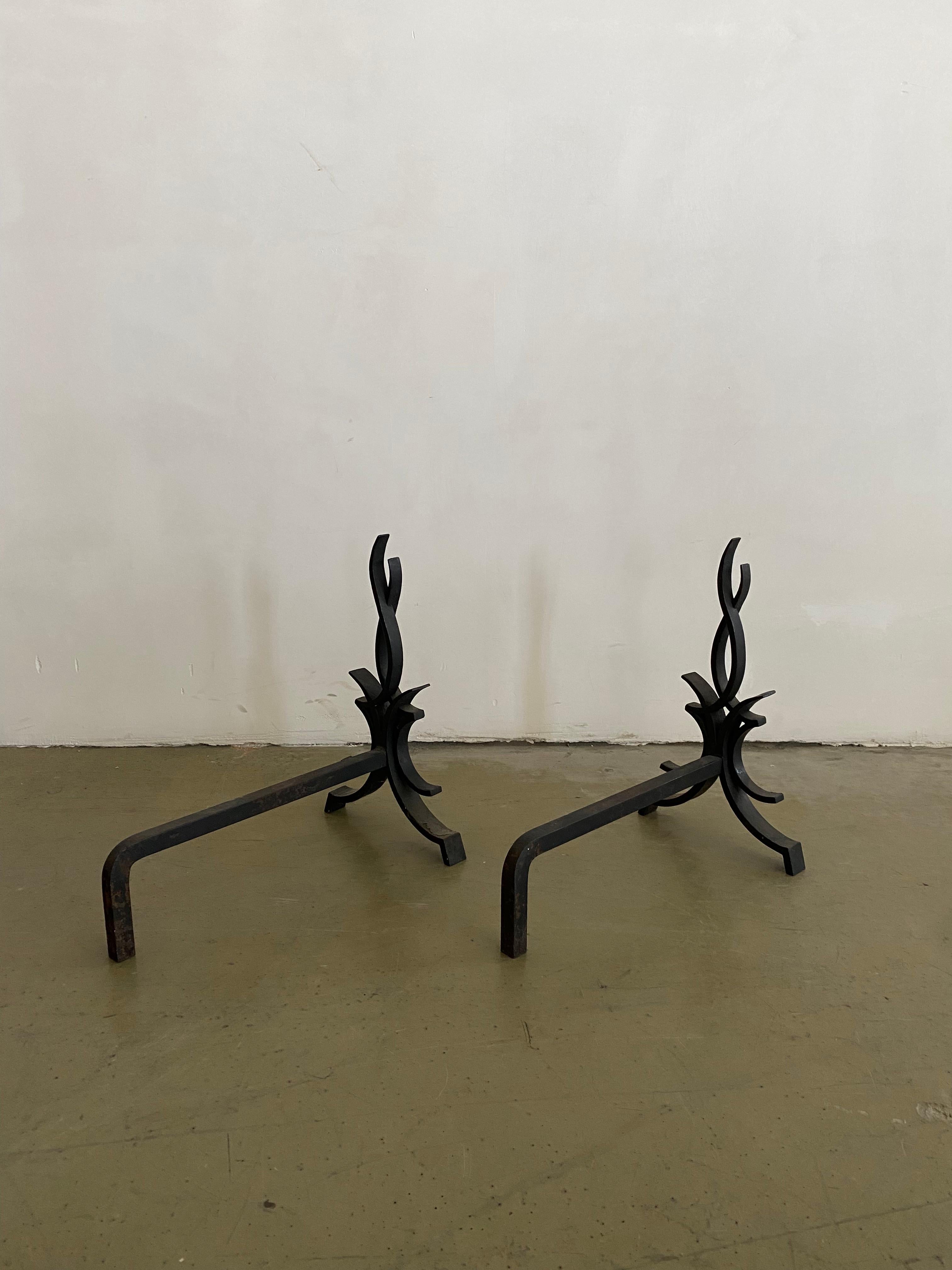 Mid-Century Modern Pair of Modernist Wrought Iron Andirons