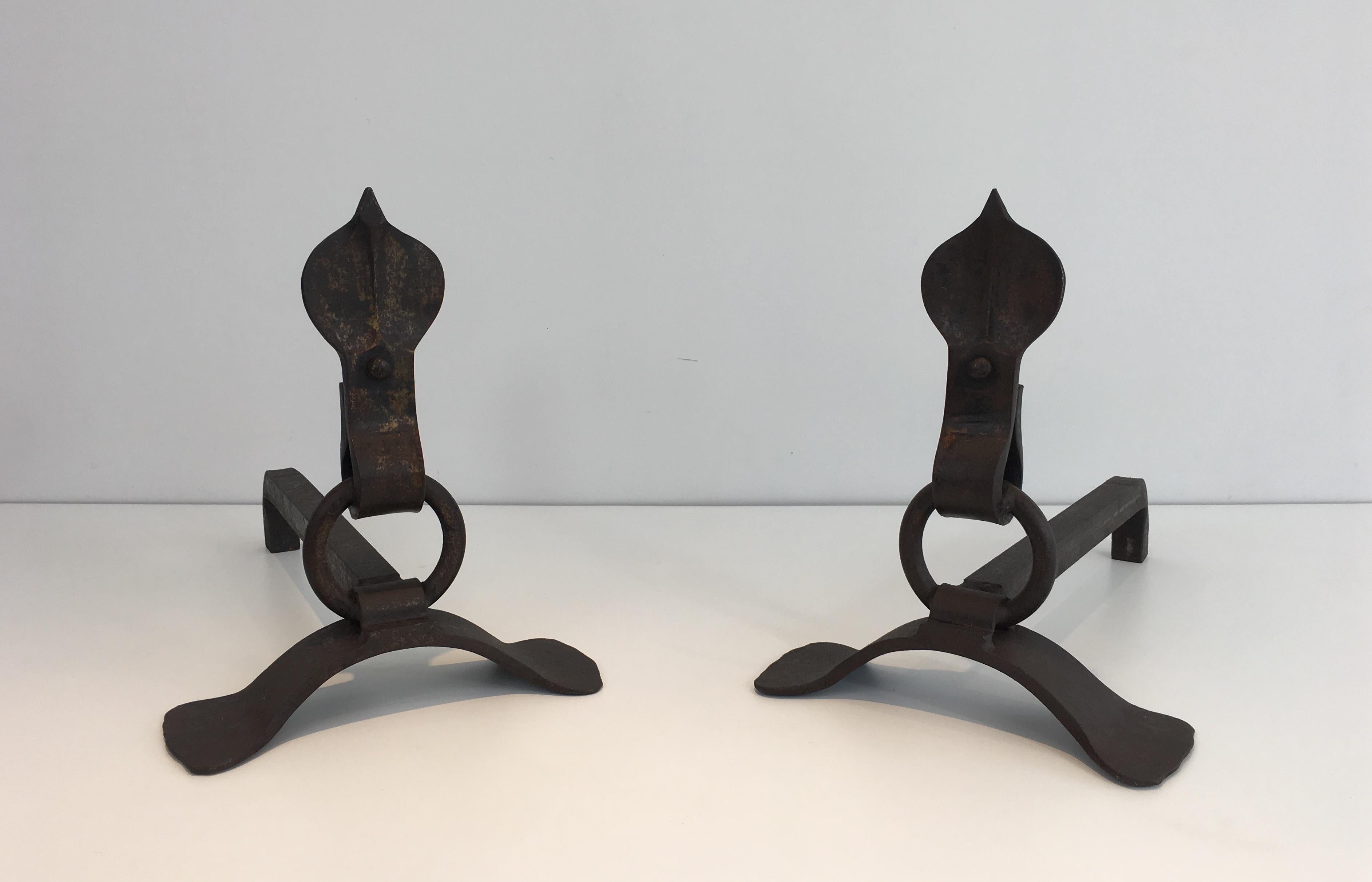 French Pair of Modernist Wrought Iron Andirons For Sale