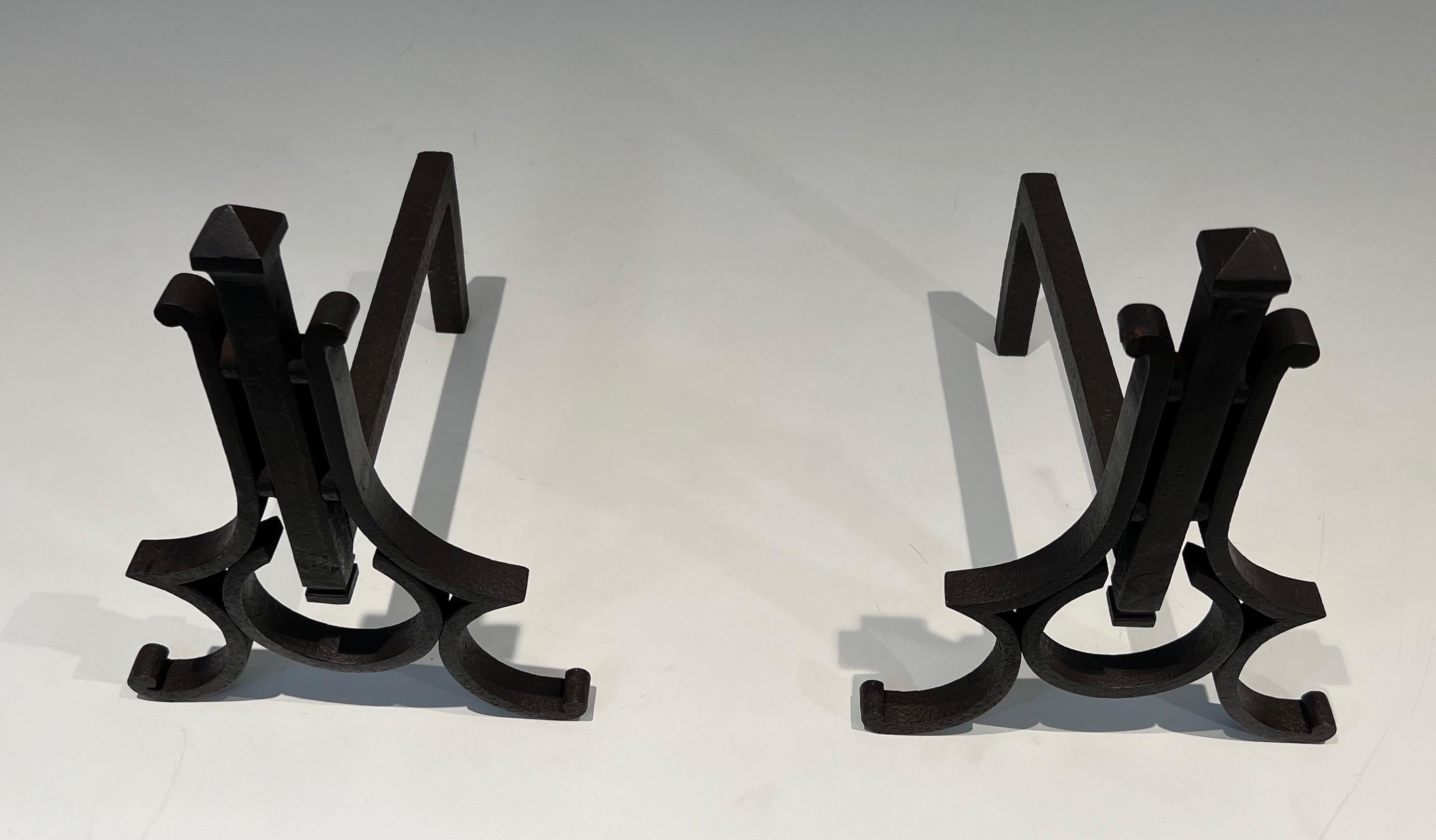French Pair of Modernist Wrought Iron Andirons For Sale