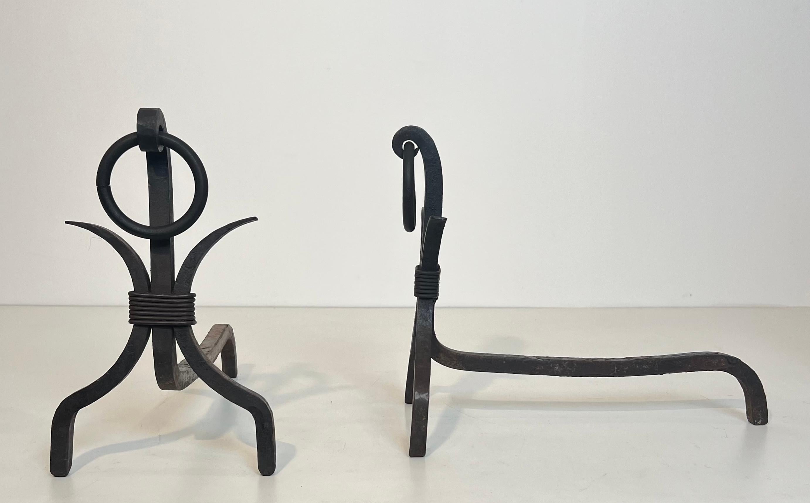 French Pair of Modernist Wrought Iron Andirons For Sale