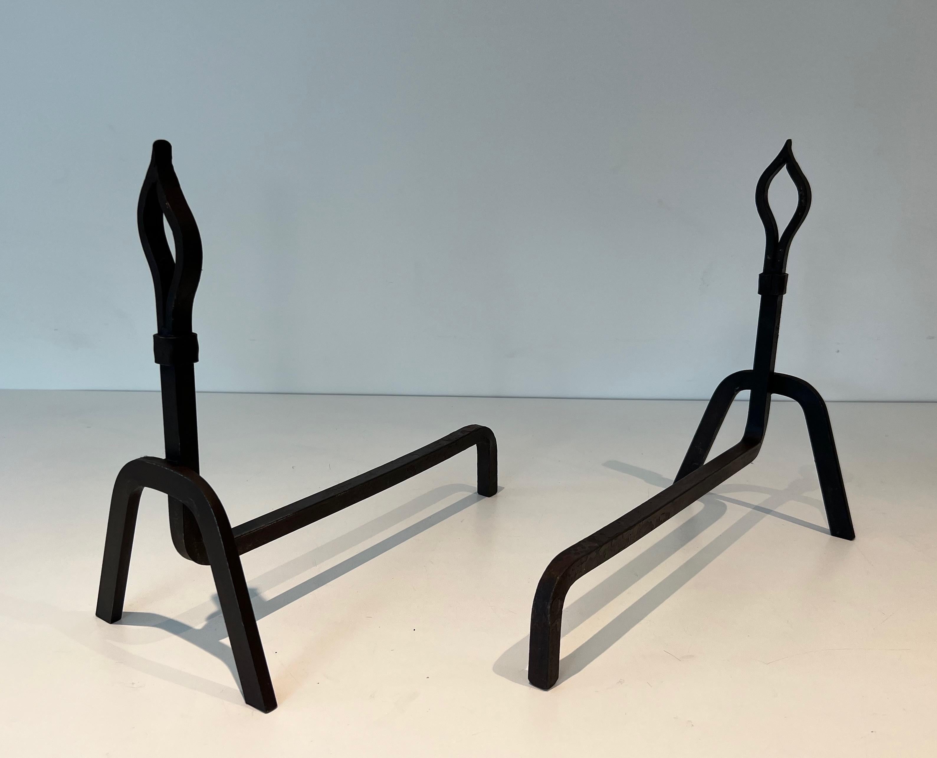 Mid-20th Century Pair of Modernist Wrought Iron Andirons For Sale