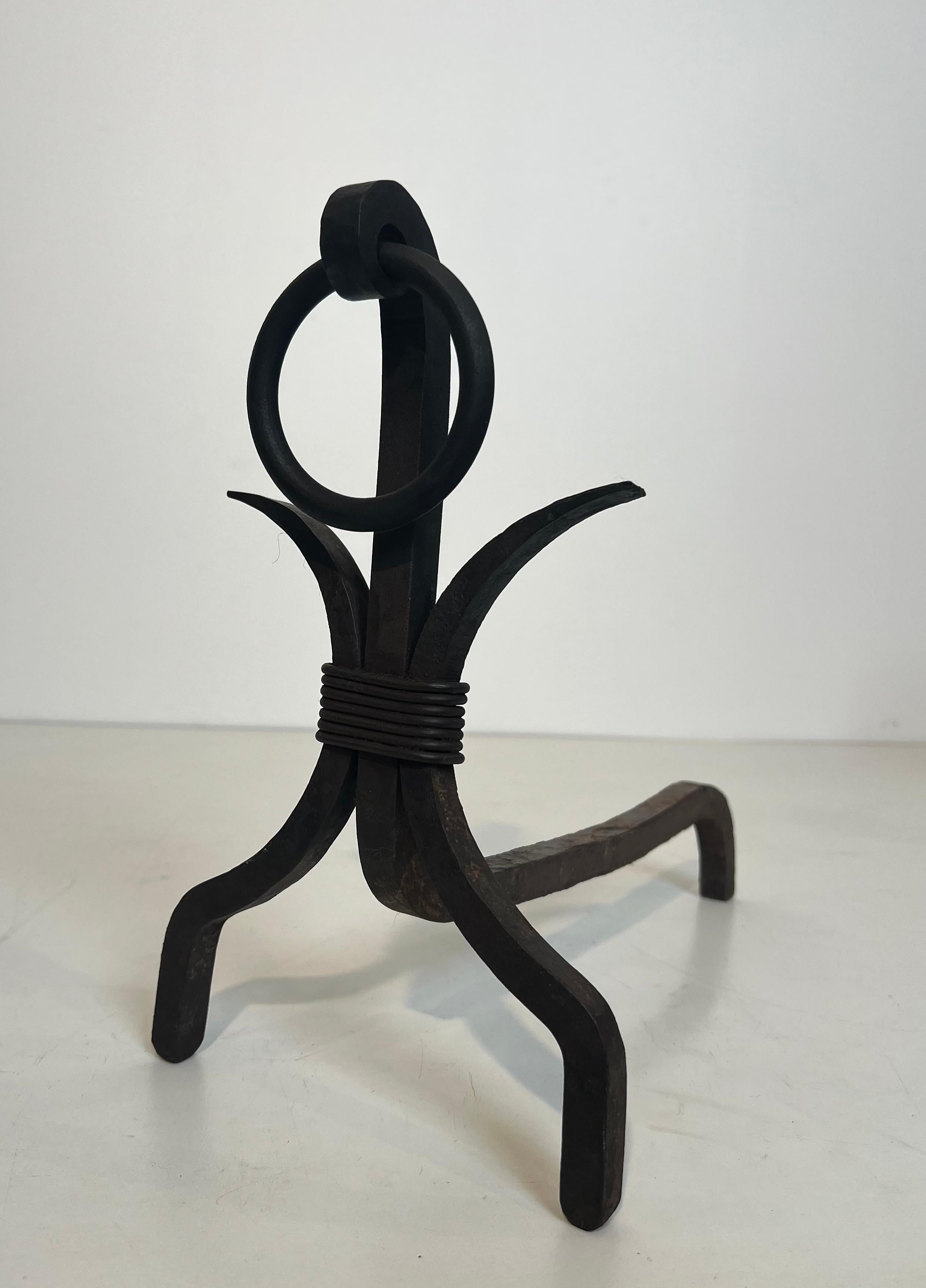 Mid-20th Century Pair of Modernist Wrought Iron Andirons For Sale