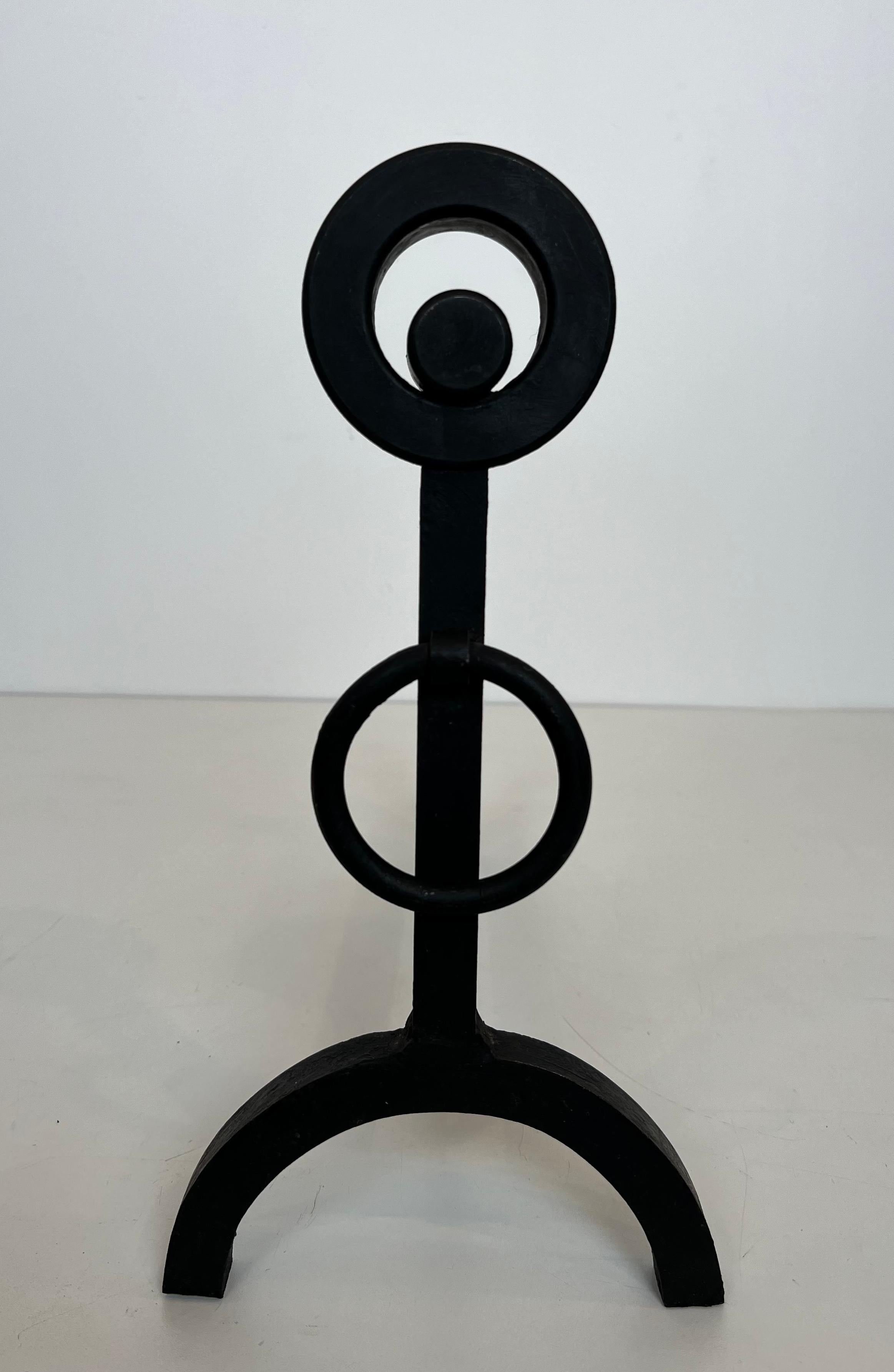 Late 20th Century Pair of Modernist Wrought Iron Andirons For Sale