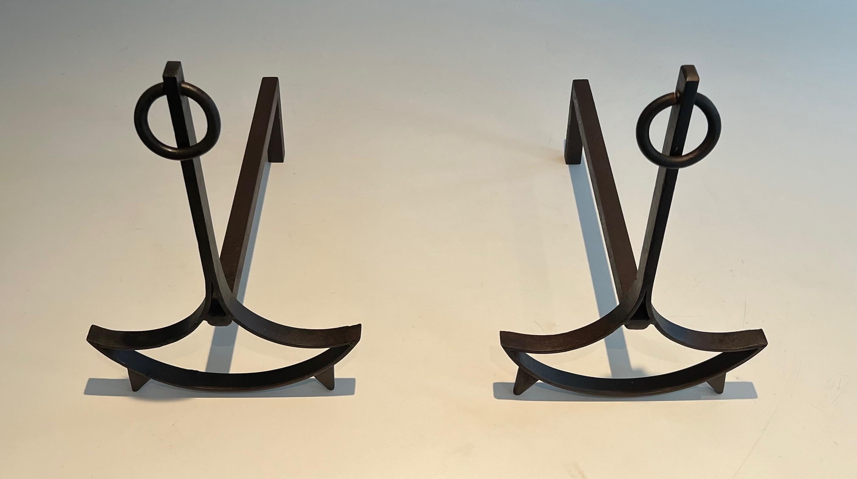 Pair of Modernist Wrought Iron Andirons For Sale 3