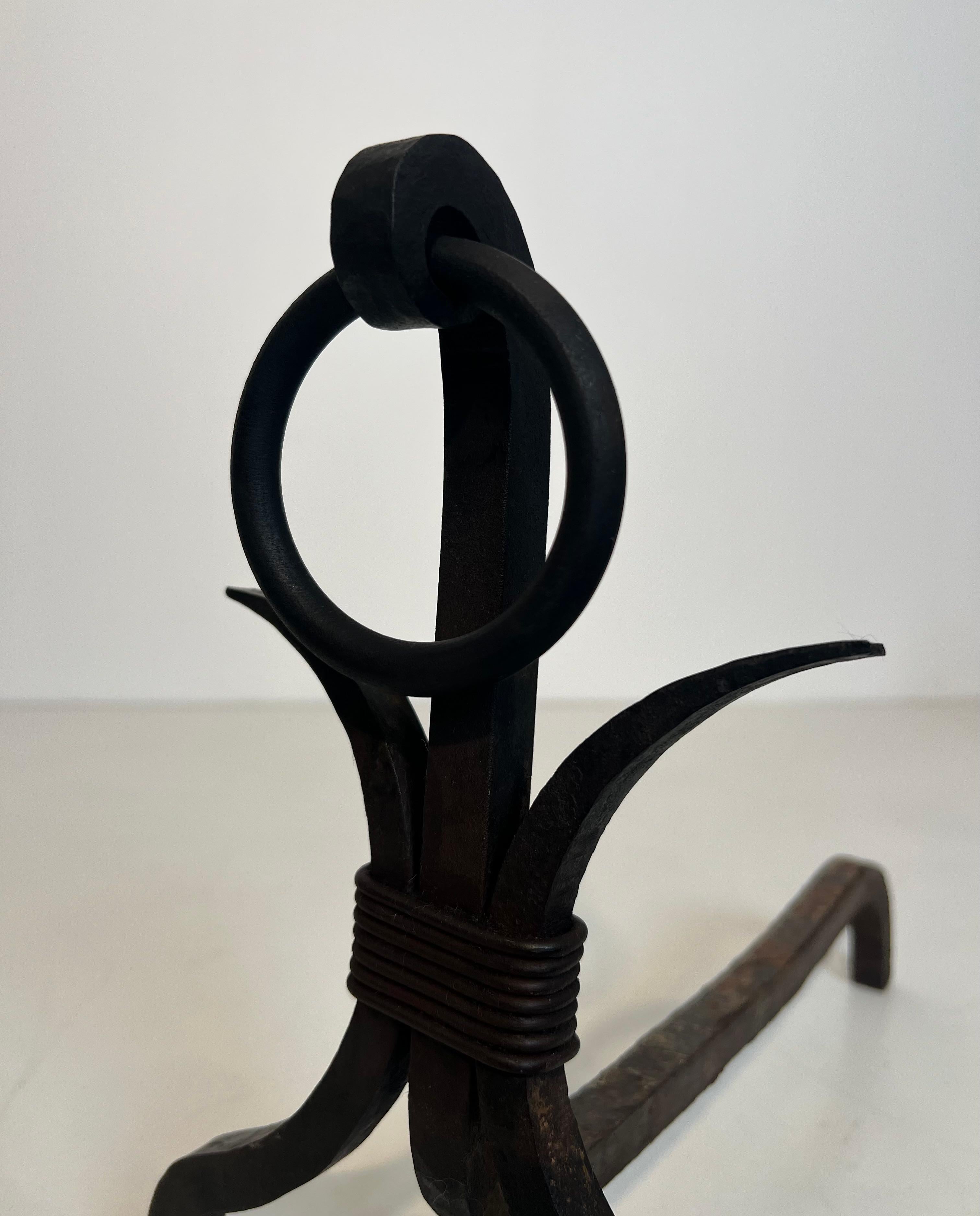 Pair of Modernist Wrought Iron Andirons For Sale 3