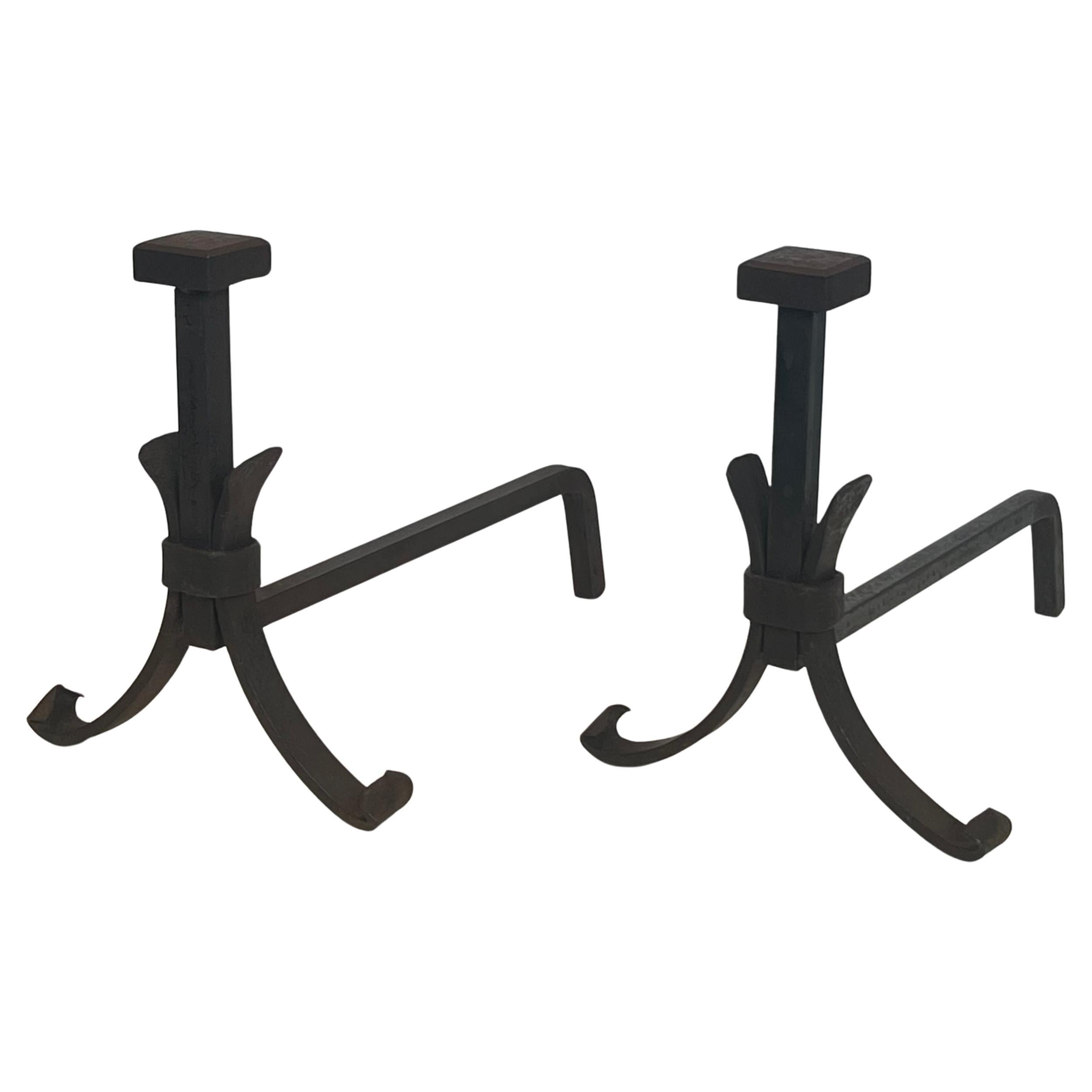 Pair of Modernist Wrought Iron Andirons For Sale