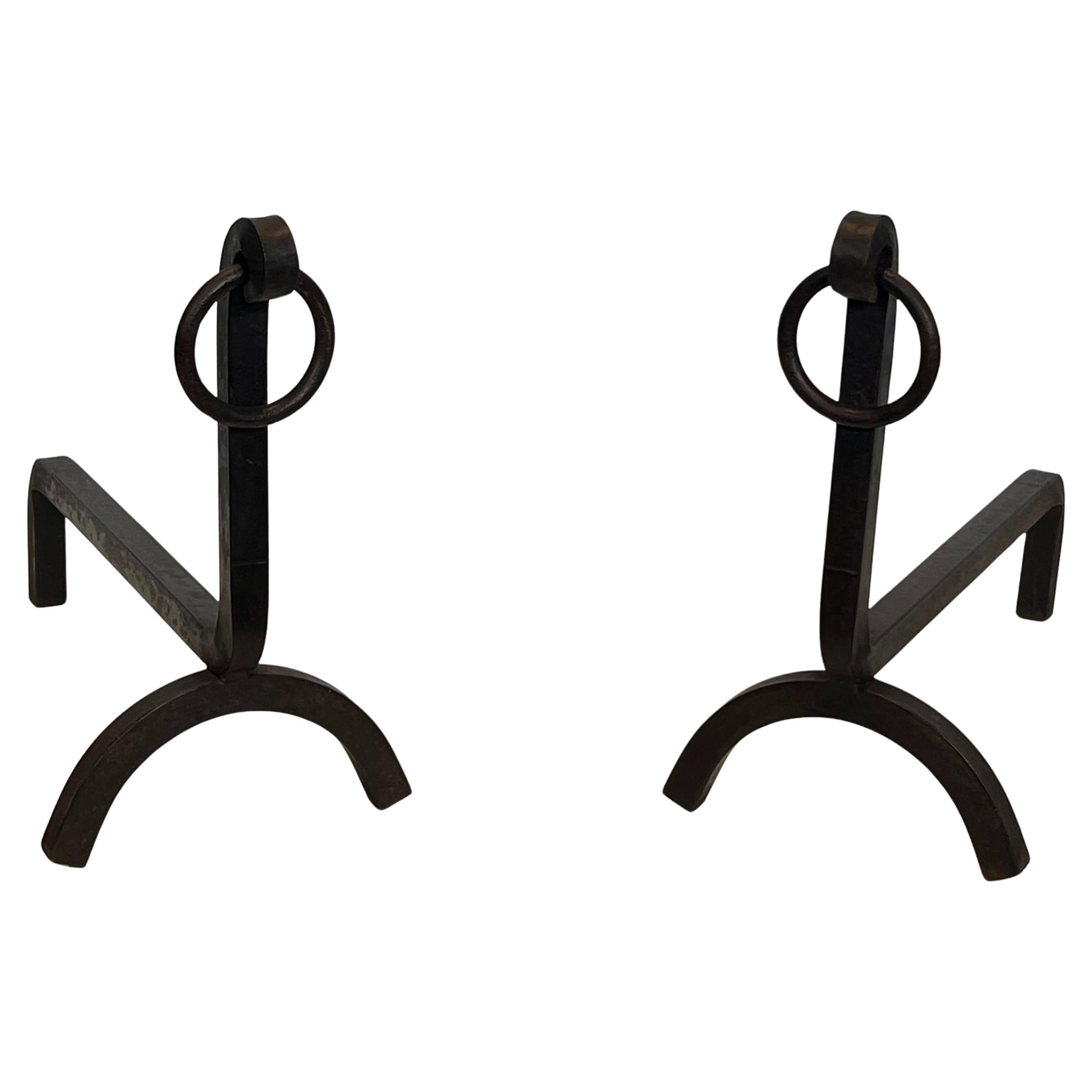 Pair of Modernist Wrought Iron Andirons For Sale