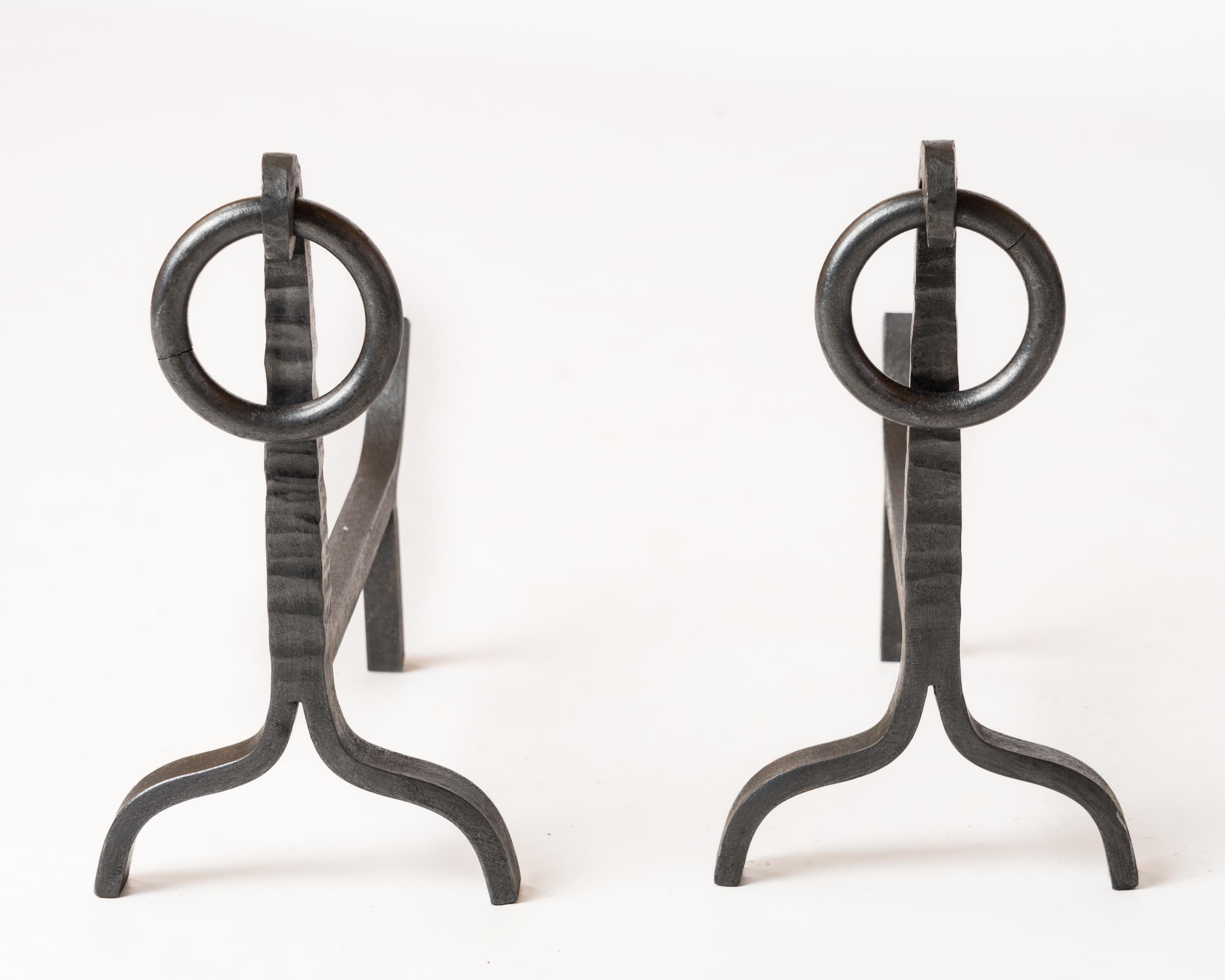 French Pair of Modernist Wrought Iron Andirons - France 1960s For Sale