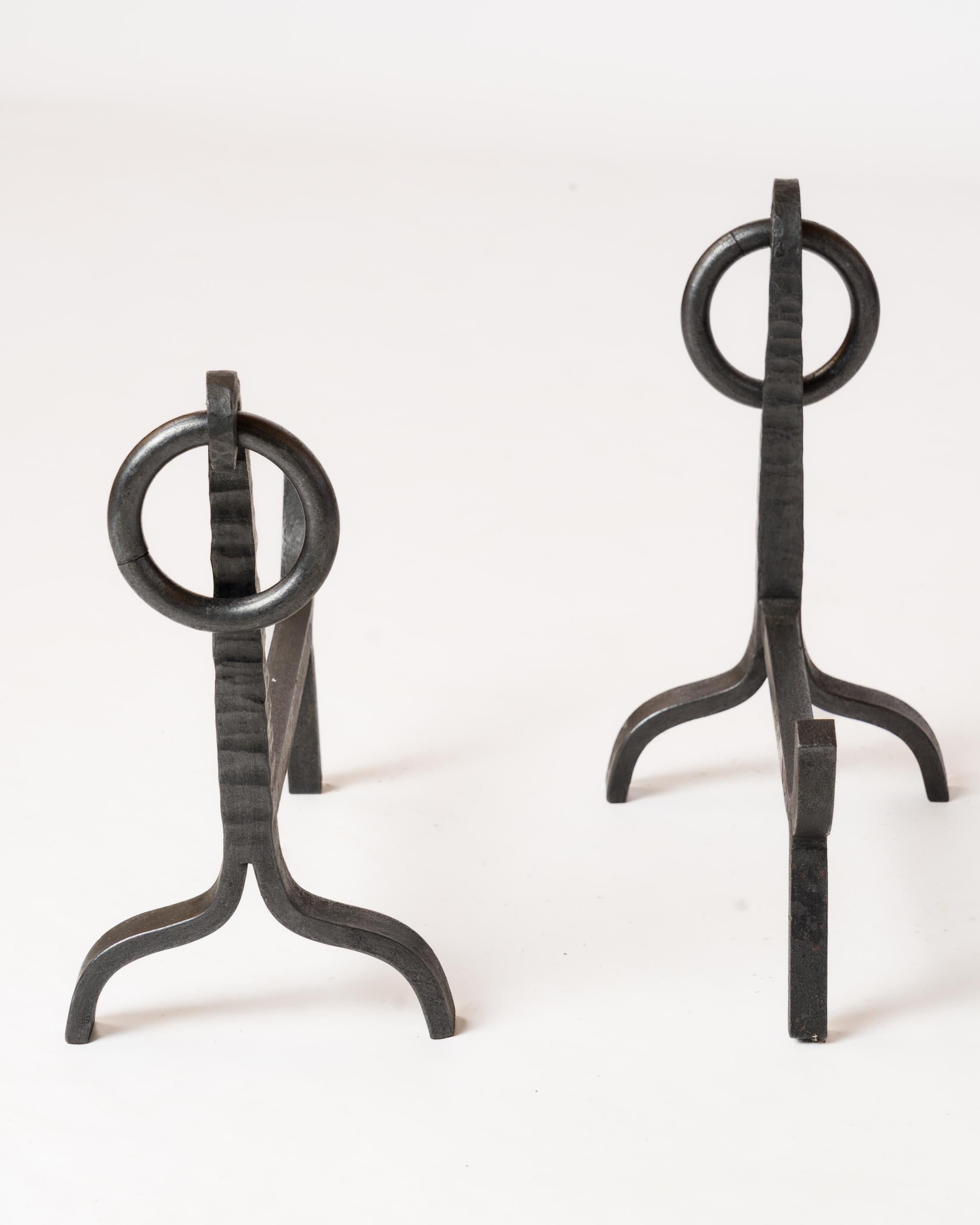 Mid-20th Century Pair of Modernist Wrought Iron Andirons - France 1960s For Sale