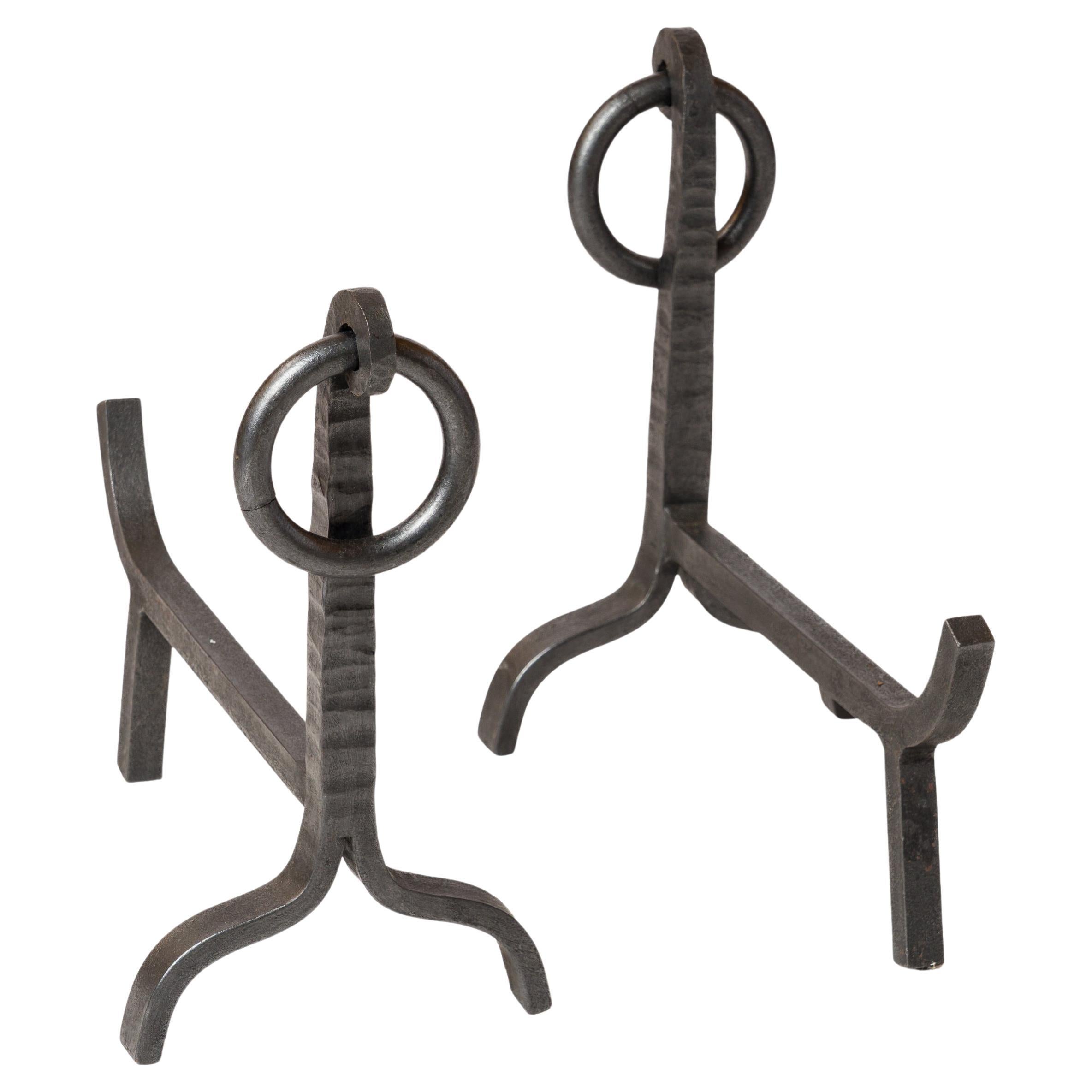 Pair of Modernist Wrought Iron Andirons - France 1960s