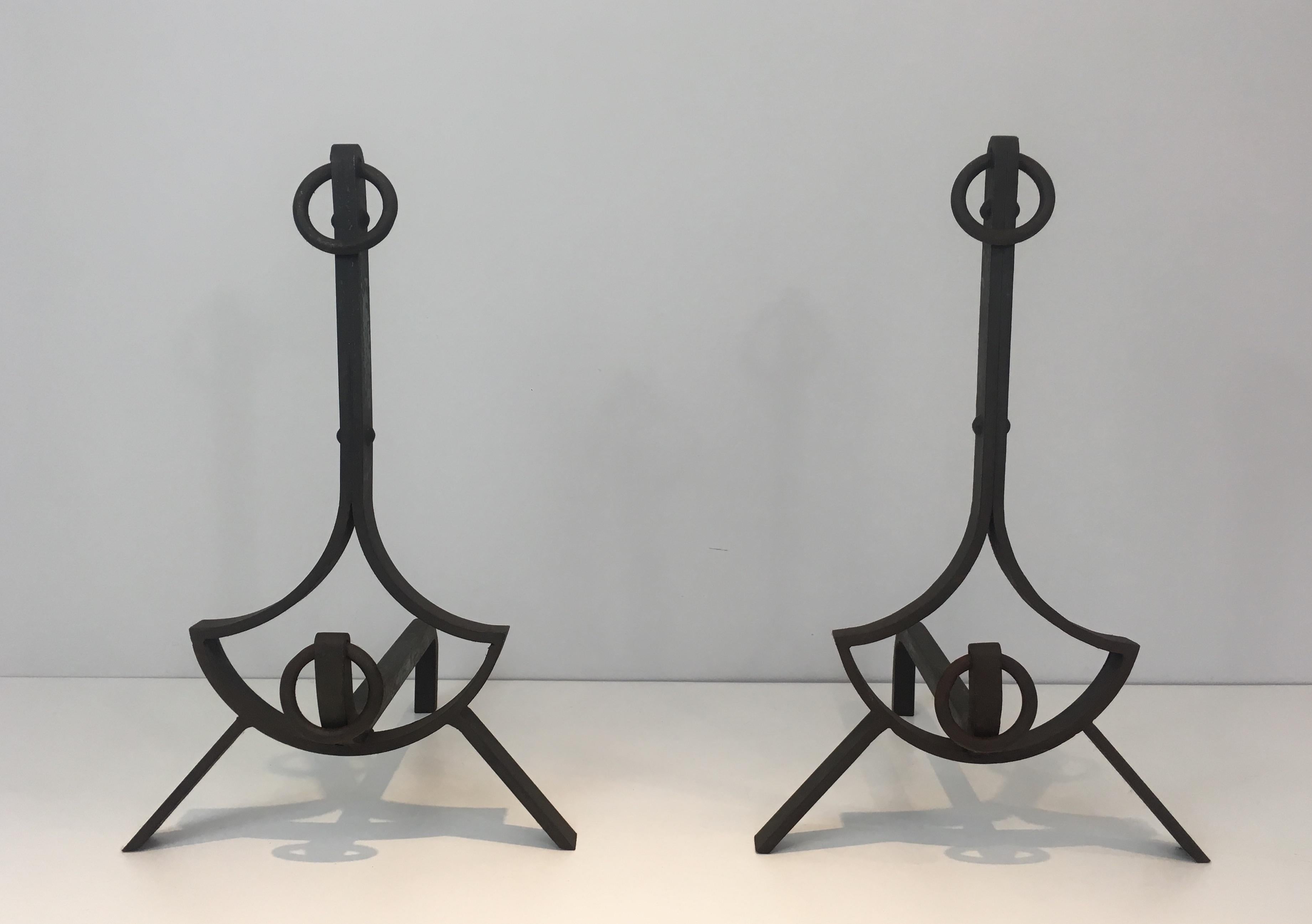 Pair of Modernist Wrought Iron Andirons, French, circa 1940 For Sale 7