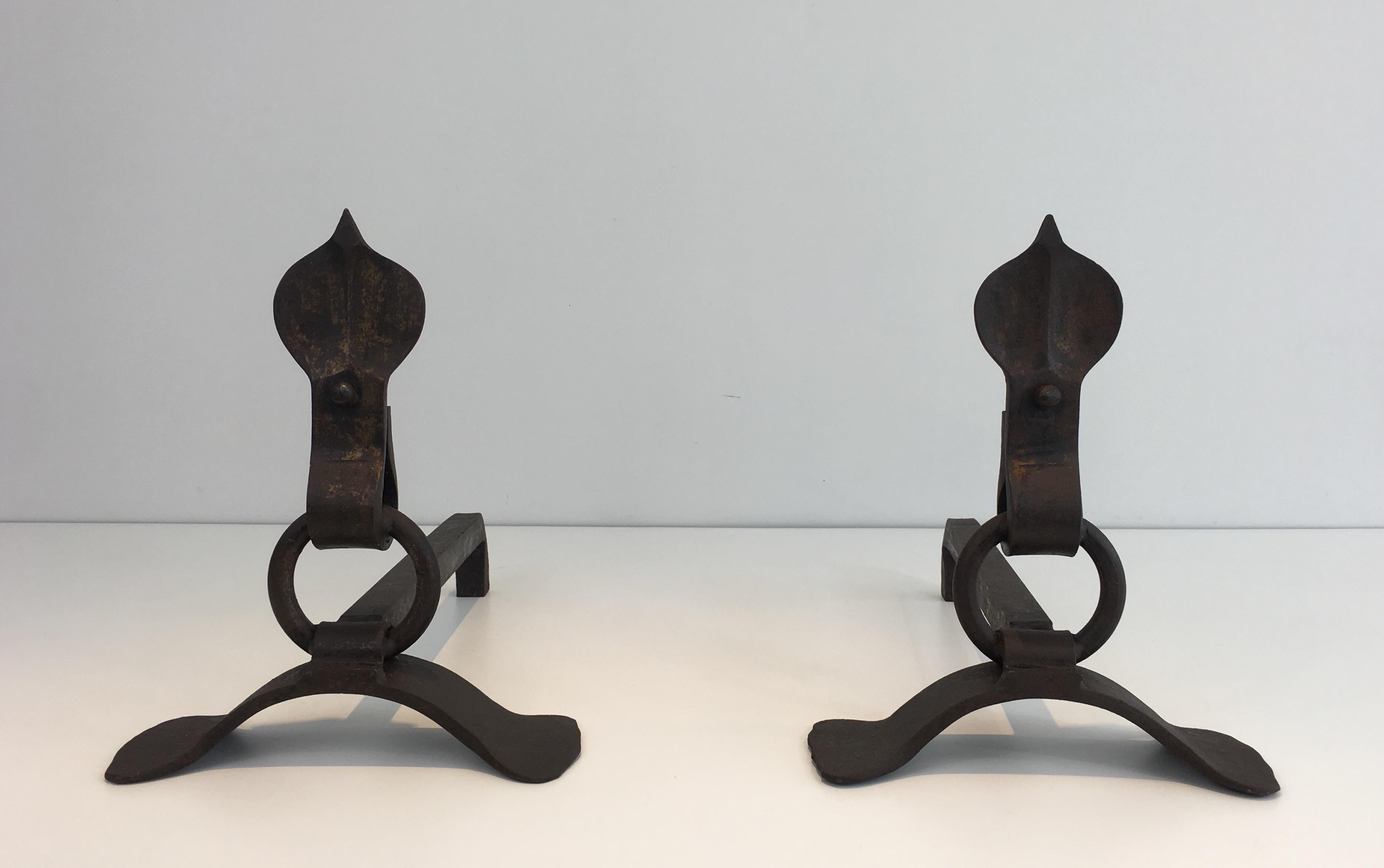 Pair of Modernist Wrought Iron Andirons, French, circa 1940 7