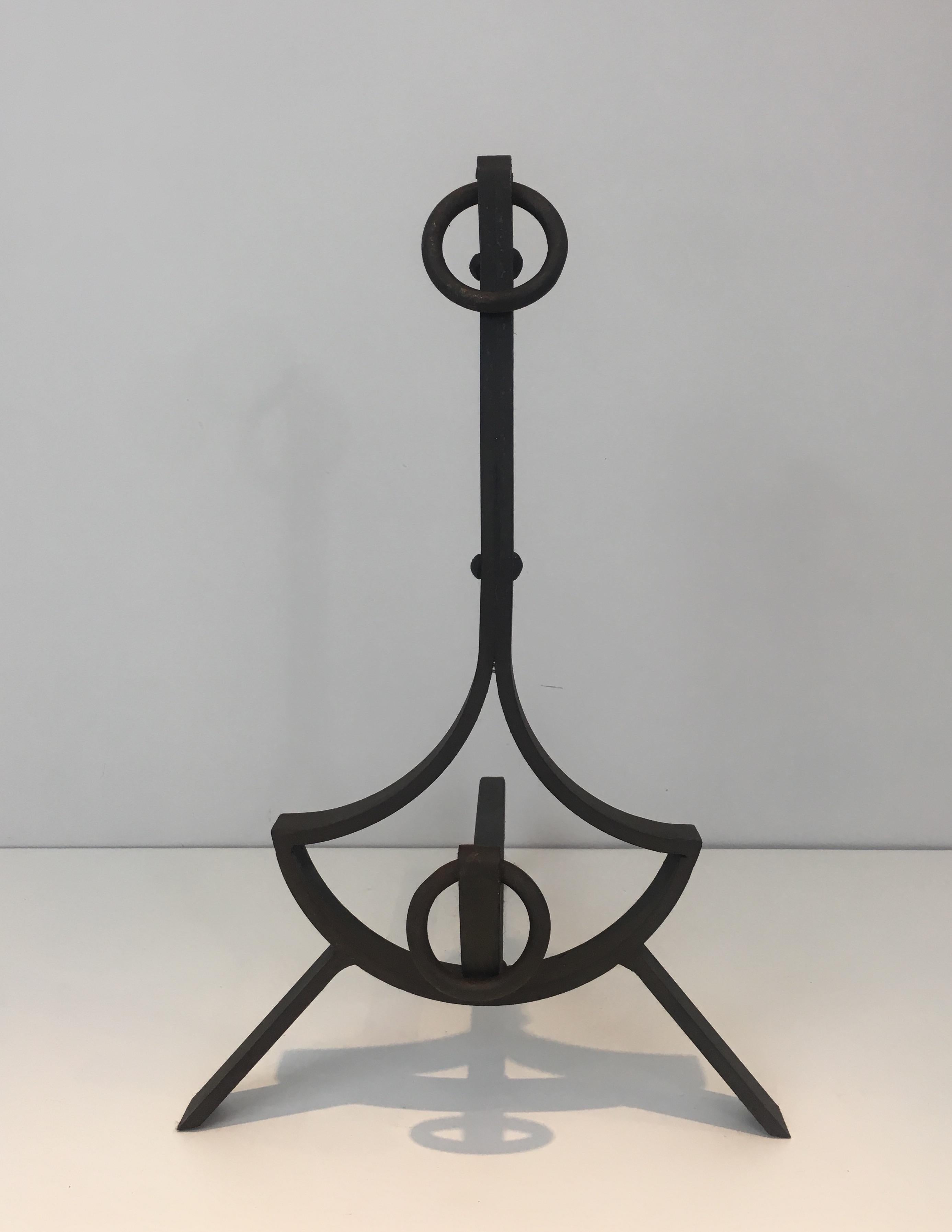 Pair of Modernist Wrought Iron Andirons, French, circa 1940 For Sale 11