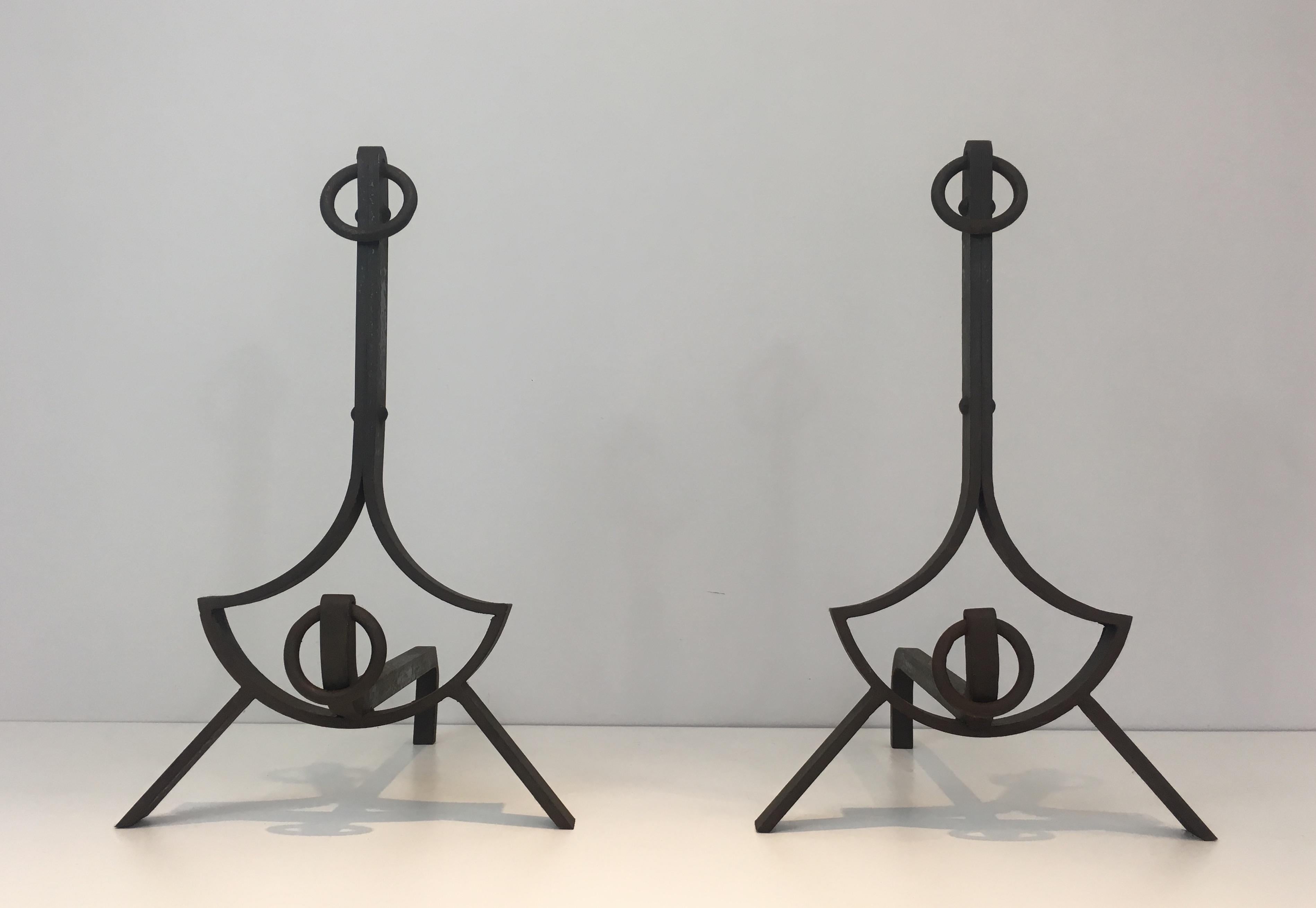 Pair of Modernist Wrought Iron Andirons, French, circa 1940 For Sale 12