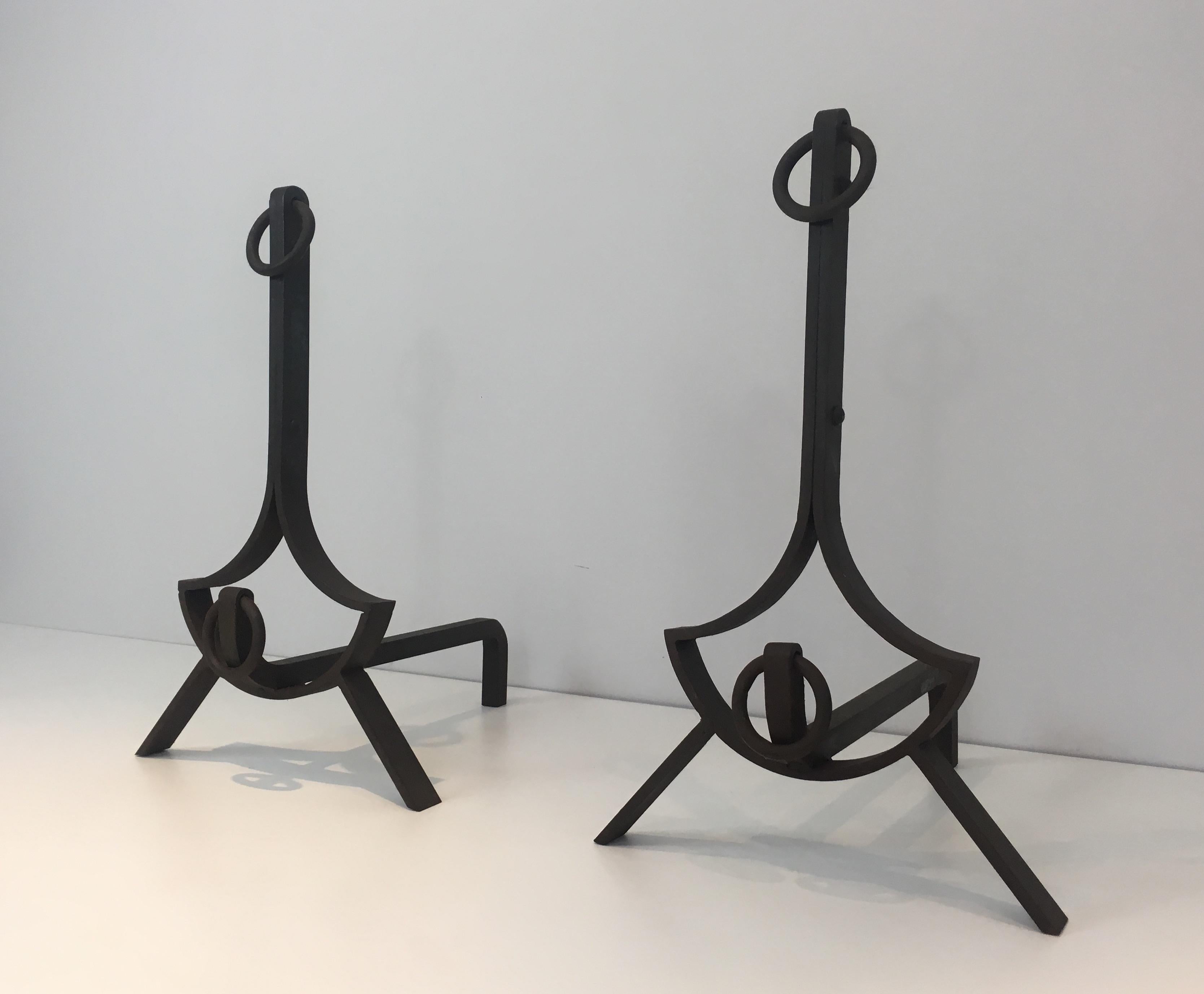 Pair of Modernist Wrought Iron Andirons, French, circa 1940 For Sale 13