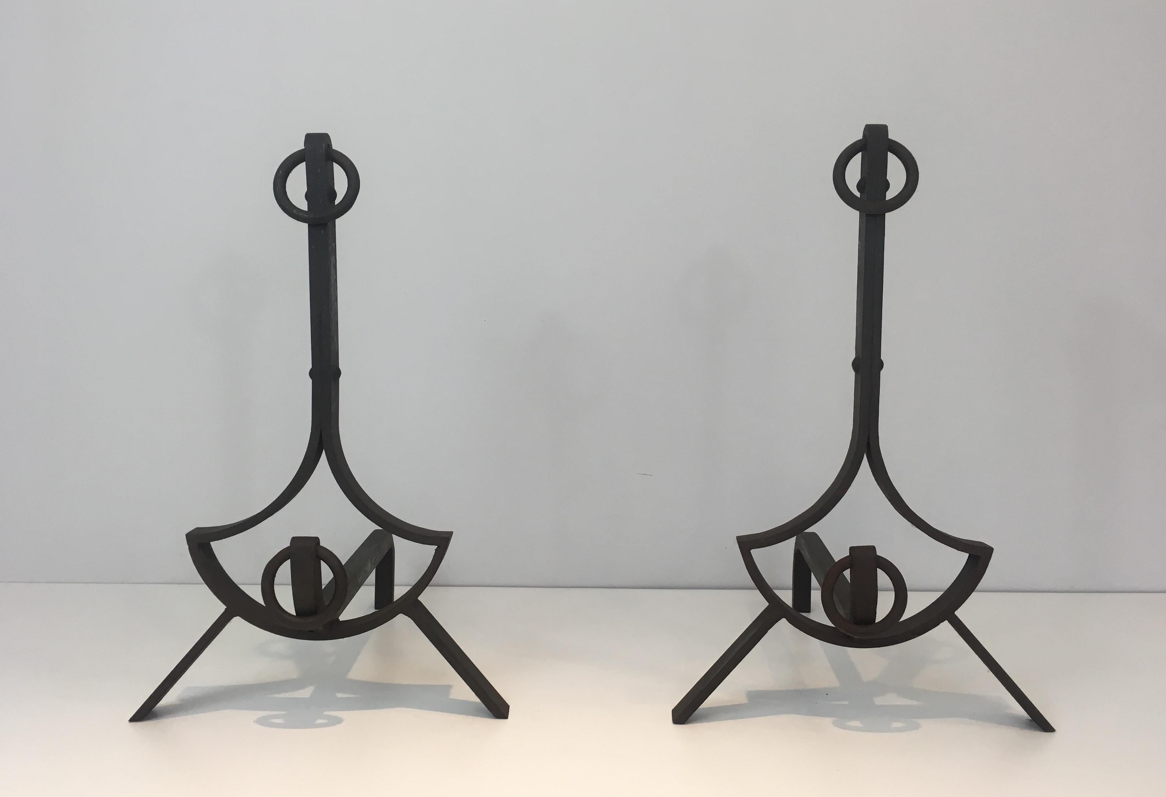 Pair of Modernist Wrought Iron Andirons, French, circa 1940 For Sale 14