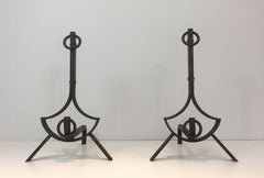 Pair of Modernist Wrought Iron Andirons, French, circa 1940