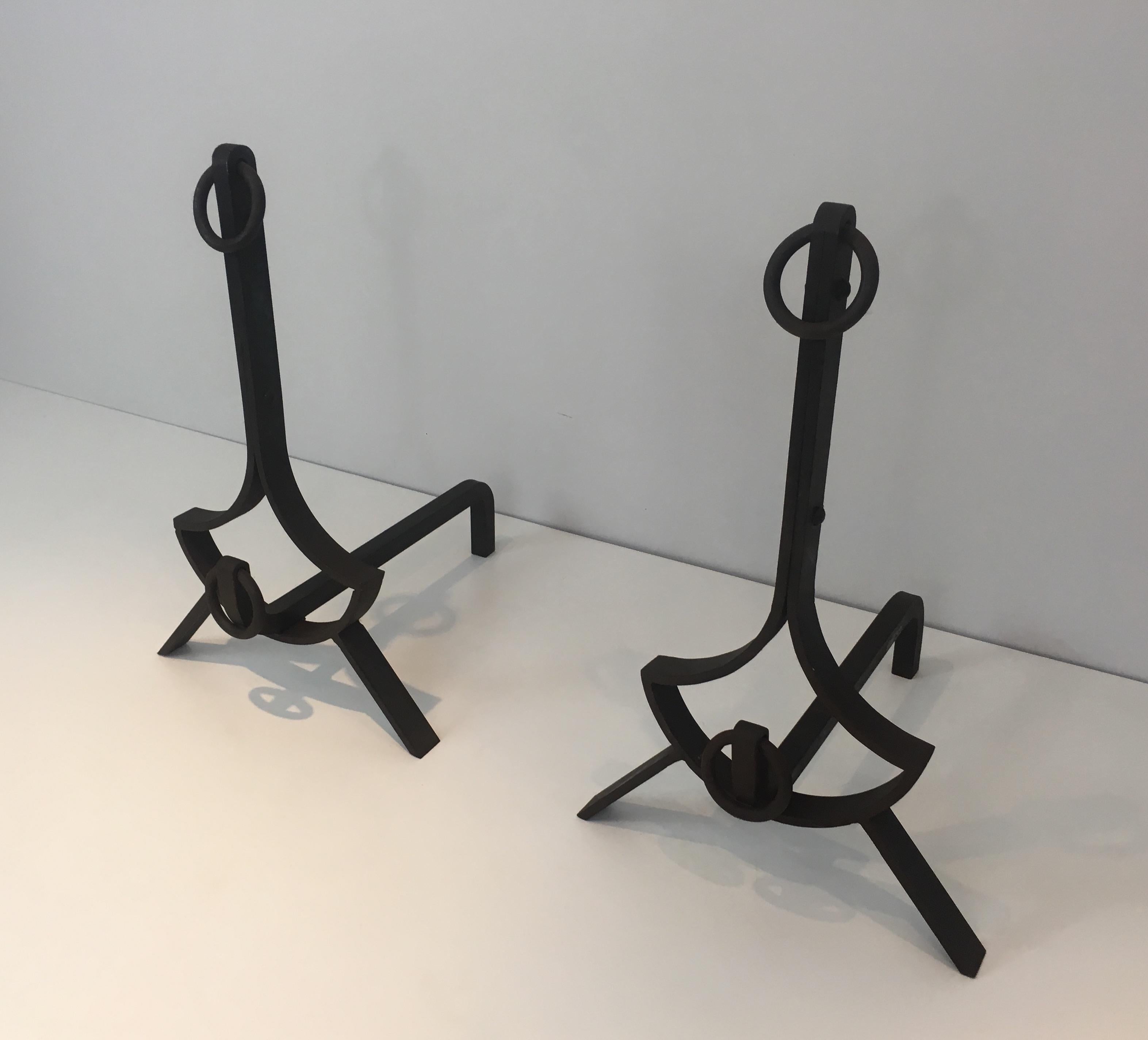 Pair of Modernist Wrought Iron Andirons, French, circa 1940 For Sale 15