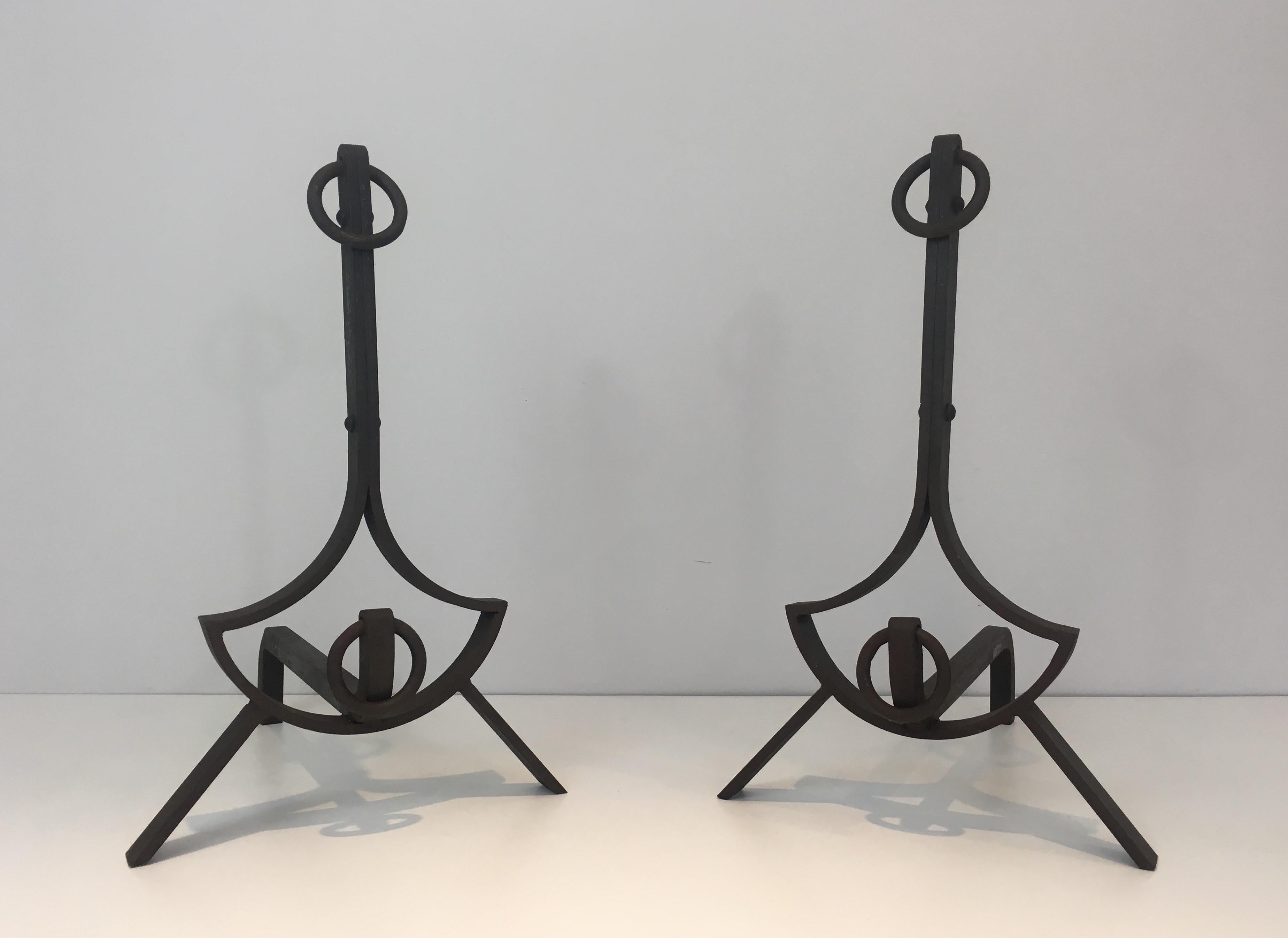 Mid-Century Modern Pair of Modernist Wrought Iron Andirons, French, circa 1940 For Sale