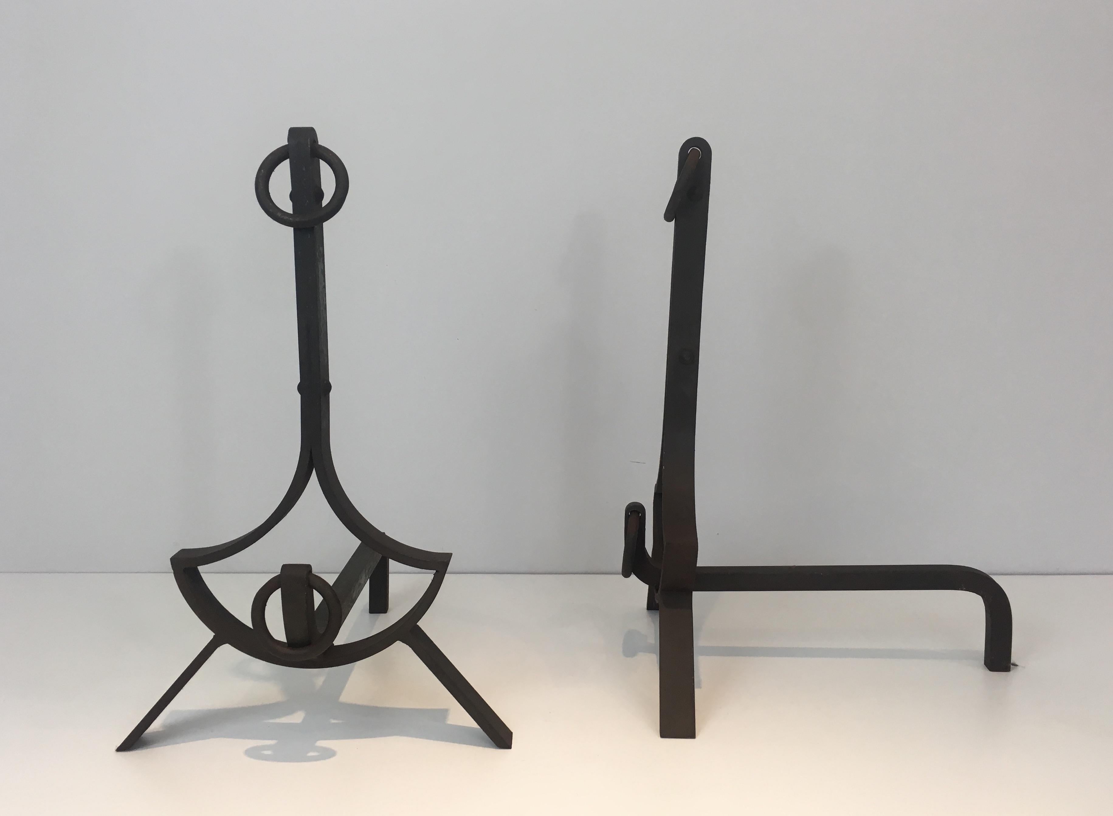 Mid-20th Century Pair of Modernist Wrought Iron Andirons, French, circa 1940 For Sale