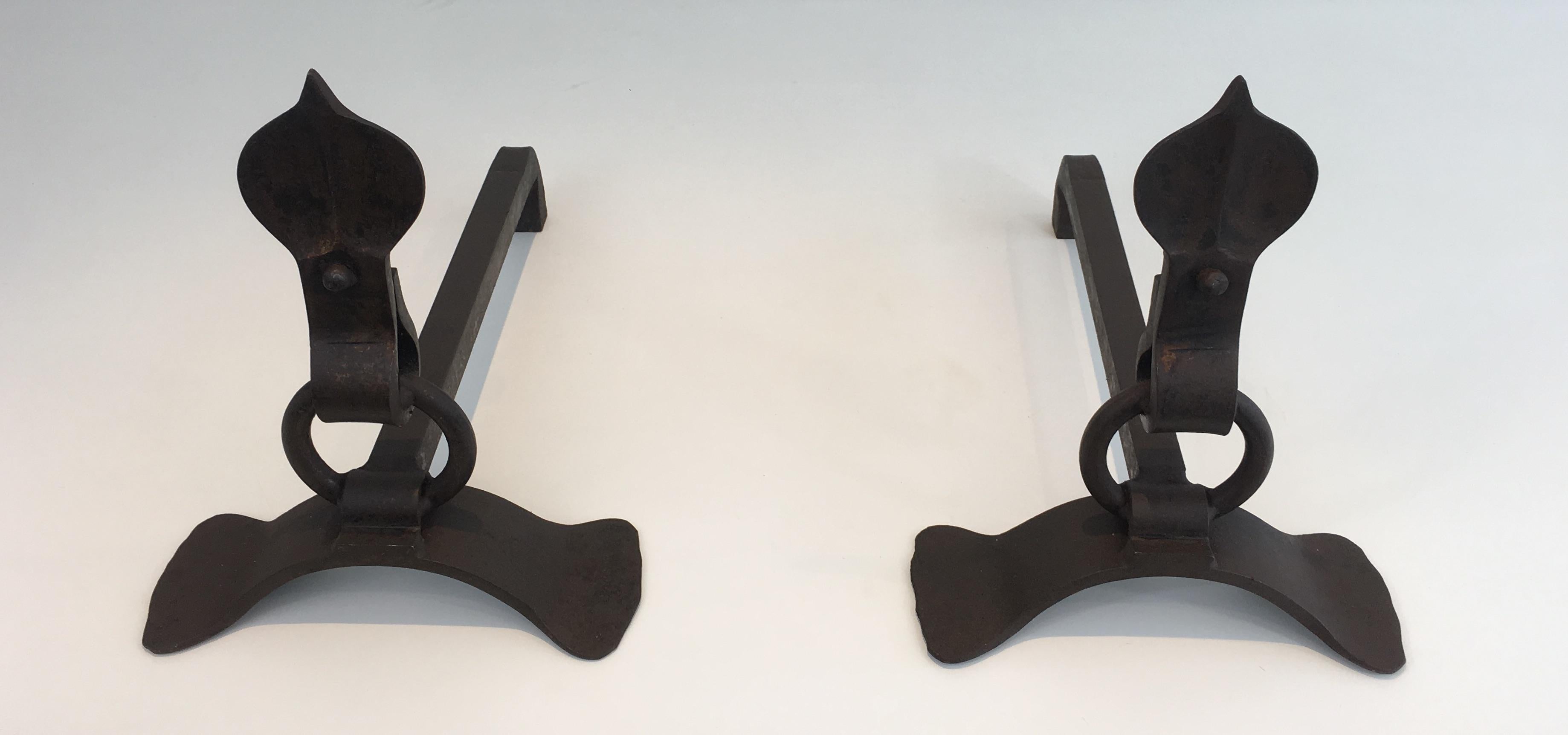 Mid-20th Century Pair of Modernist Wrought Iron Andirons, French, circa 1940