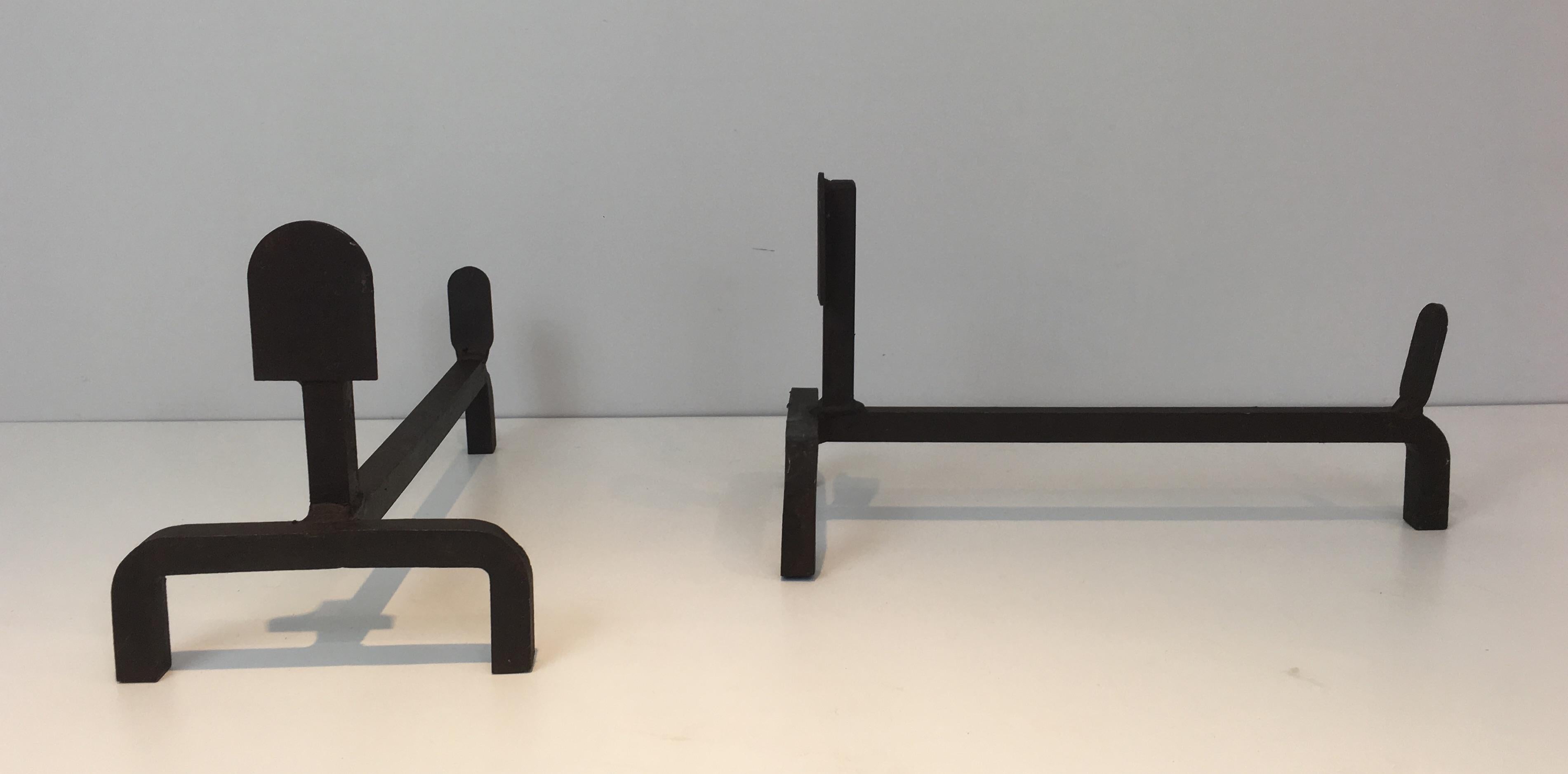 Mid-20th Century Pair of Modernist Wrought Iron Andirons, French, circa 1940
