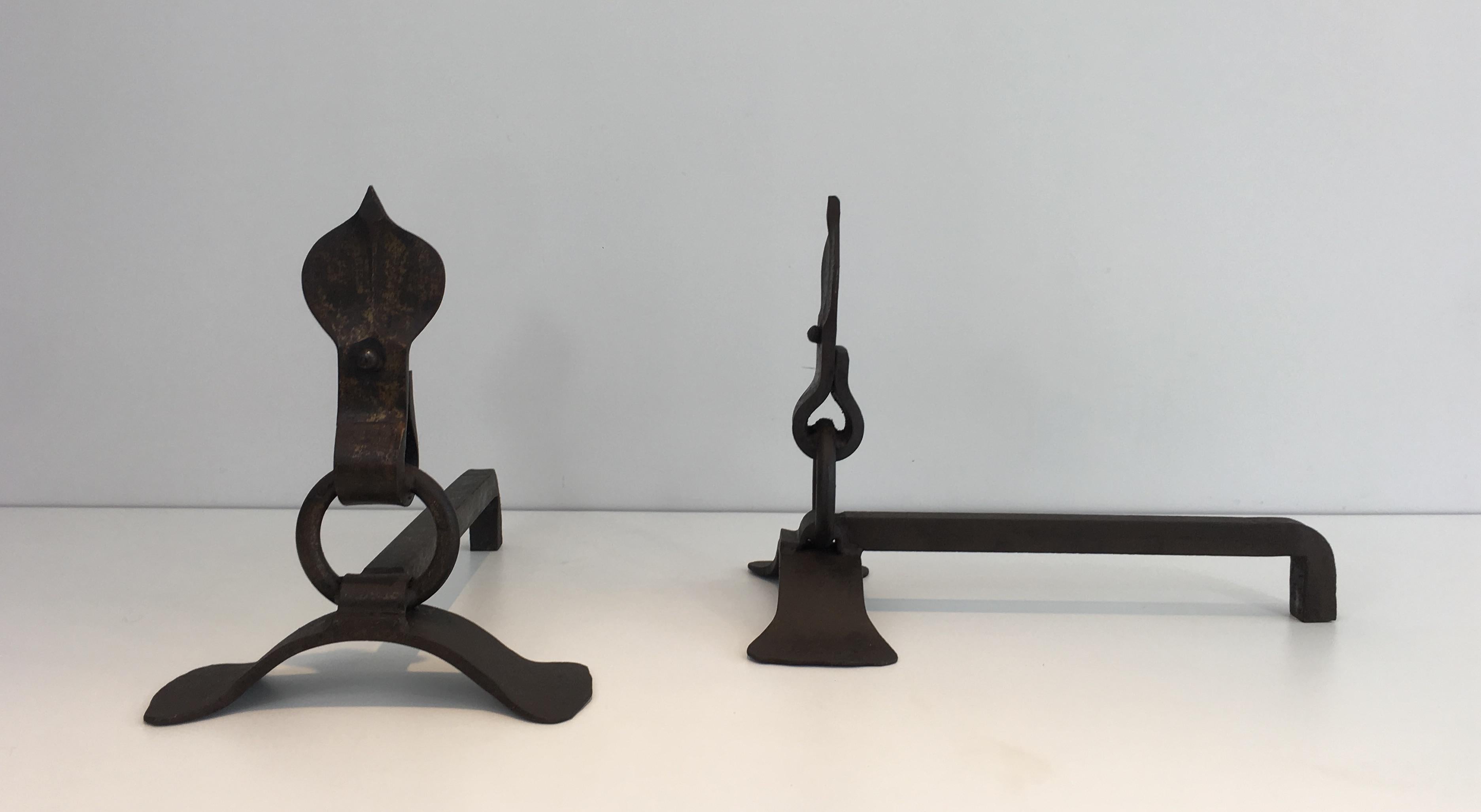 Pair of Modernist Wrought Iron Andirons, French, circa 1940 1